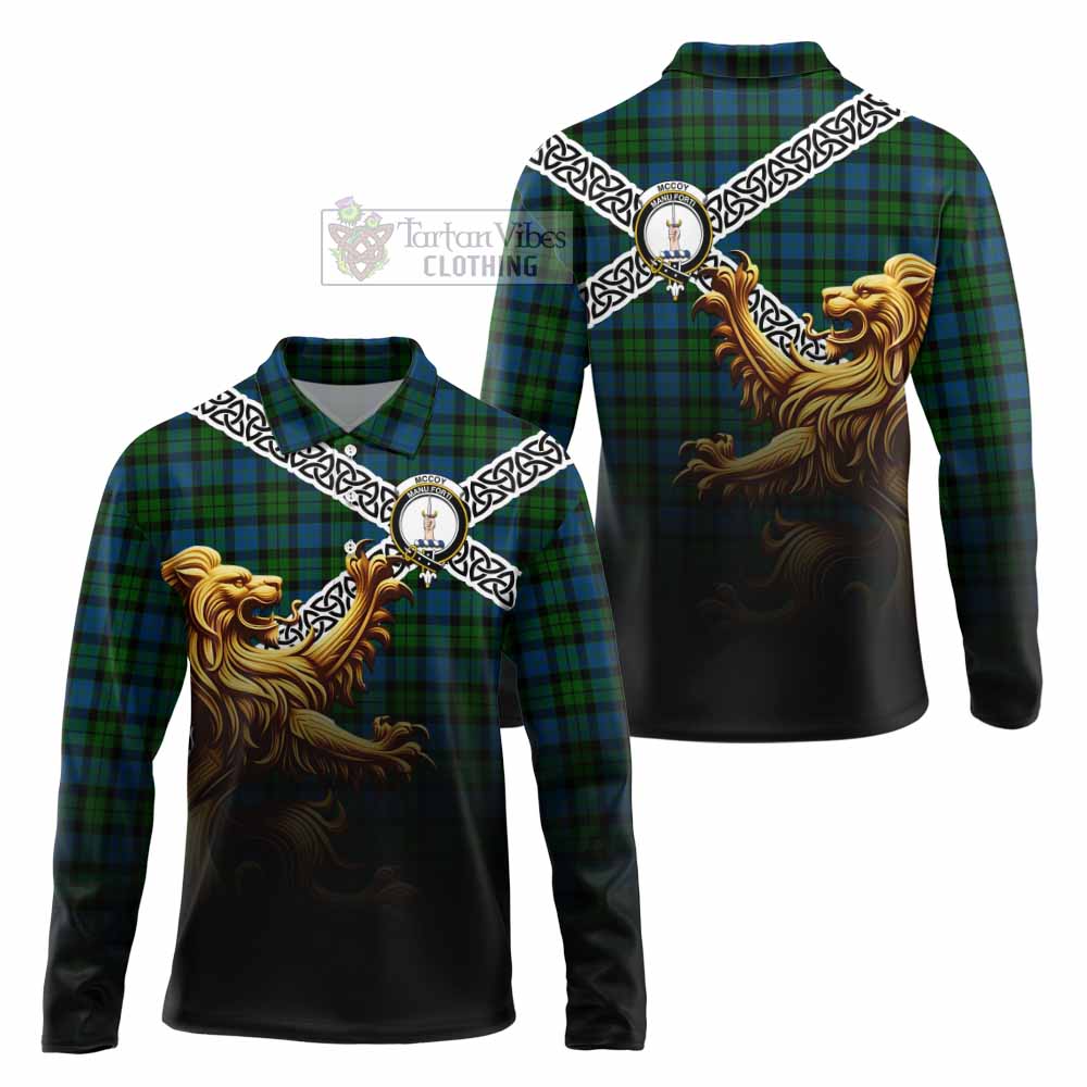 McCoy Crest Tartan Long Sleeve Polo Shirt with Golden Lion Emblem Celtic Style - Tartan Vibes Clothing