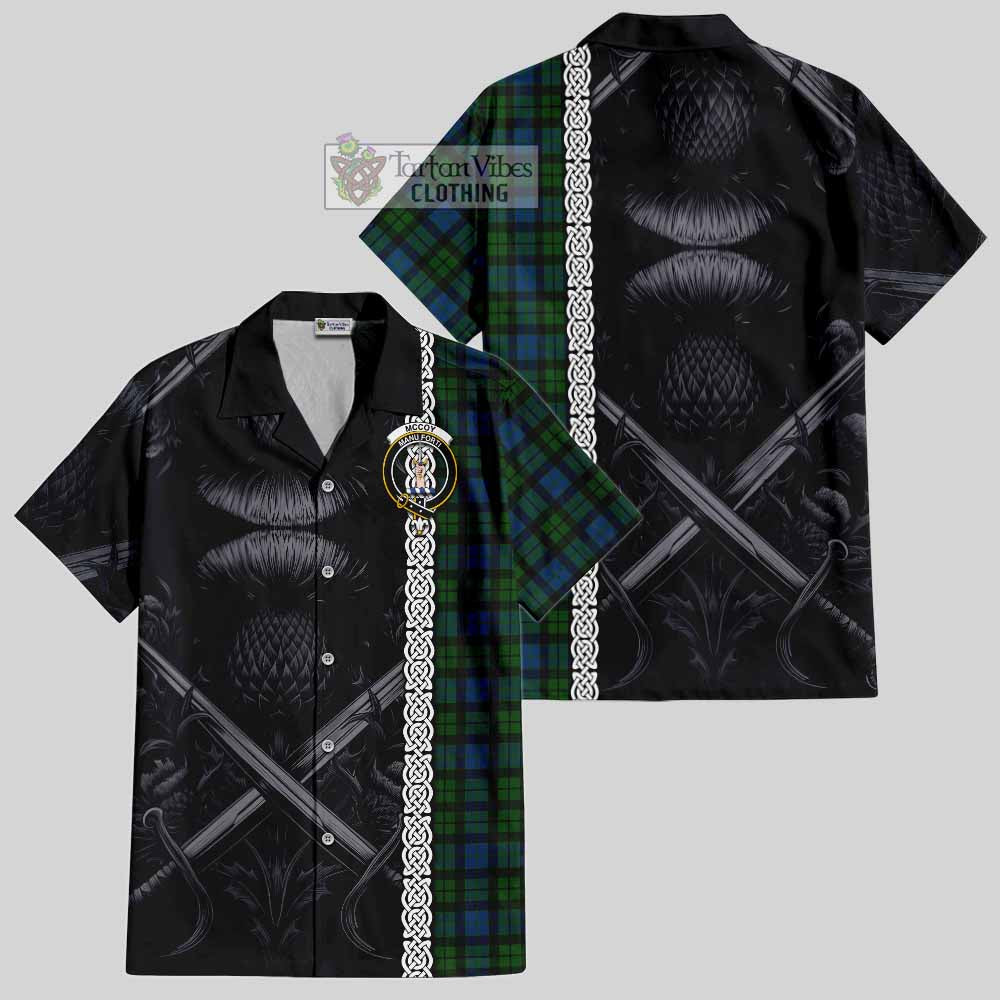 McCoy Tartan Hawaiian Shirt with Family Crest Cross Sword Thistle Celtic Vibes - Tartan Vibes Clothing