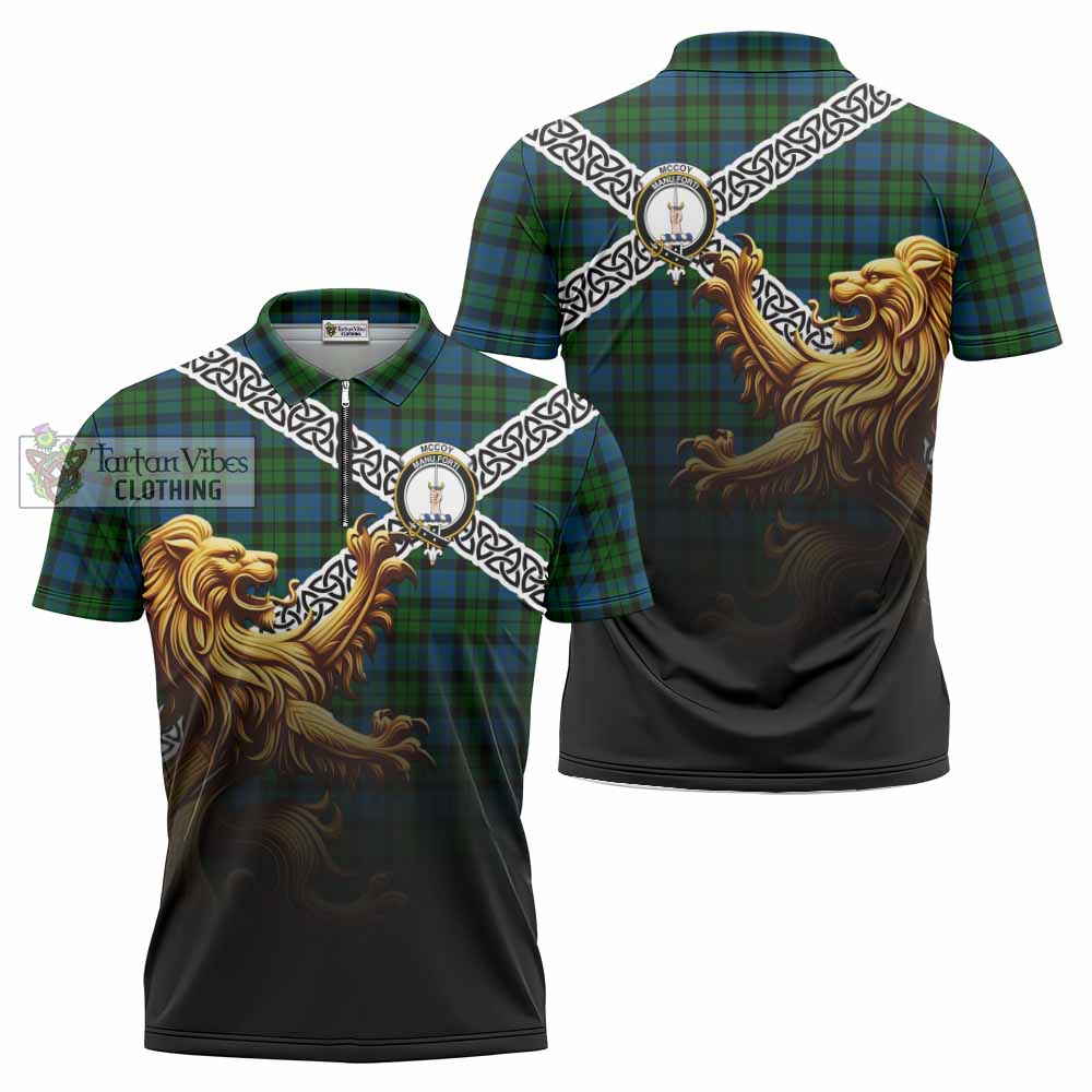 McCoy Crest Tartan Zipper Polo Shirt with Golden Lion Emblem Celtic Style - Tartan Vibes Clothing
