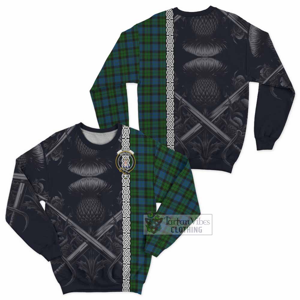McCoy Tartan Sweatshirt with Family Crest Cross Sword Thistle Celtic Vibes - Tartan Vibes Clothing