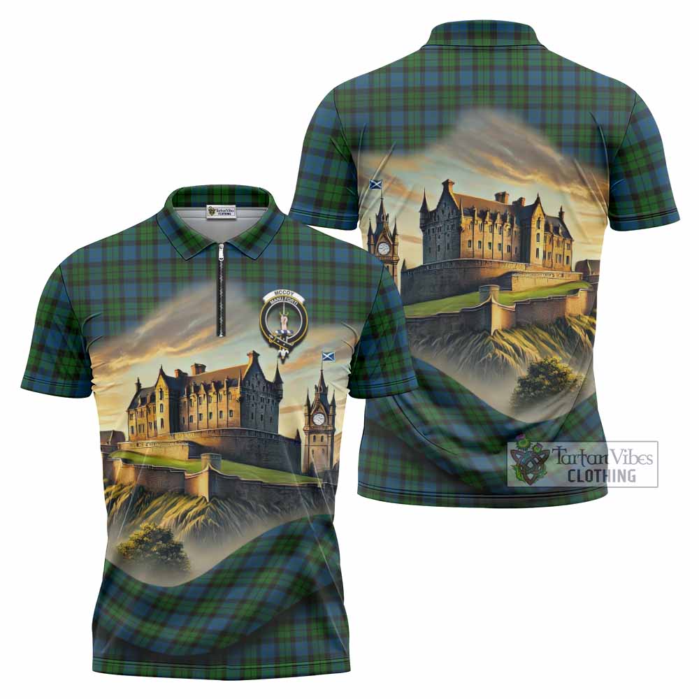 McCoy Tartan Family Crest Zipper Polo Shirt with Scottish Ancient Castle Style - Tartan Vibes Clothing