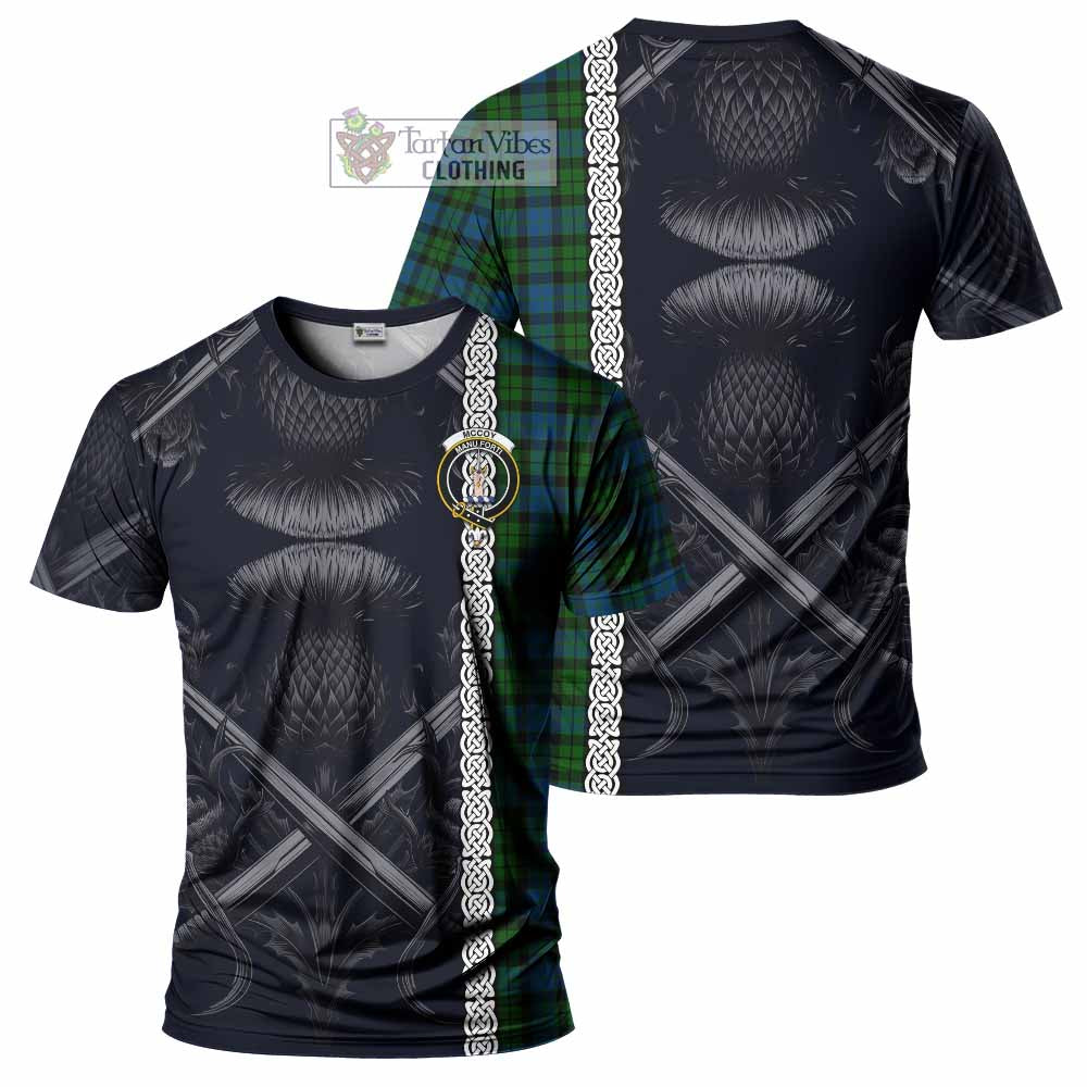 McCoy Tartan T-Shirt with Family Crest Cross Sword Thistle Celtic Vibes - Tartan Vibes Clothing
