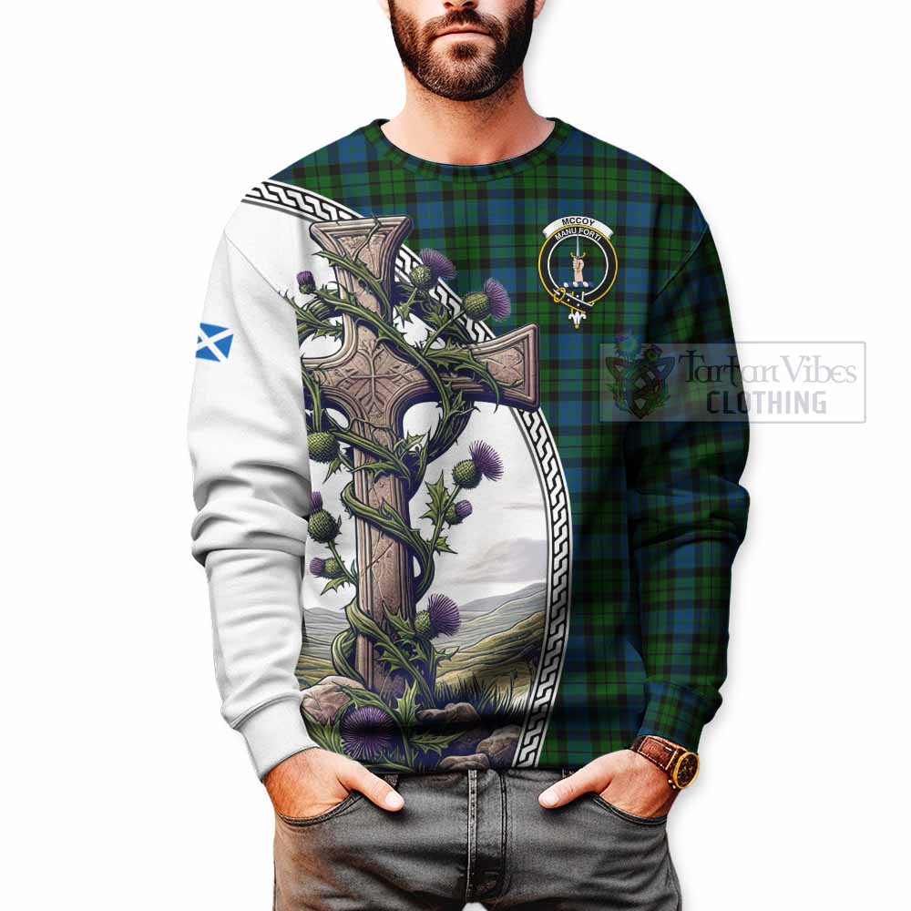 McCoy Tartan Sweatshirt with Family Crest and St. Andrew's Cross Accented by Thistle Vines - Tartan Vibes Clothing