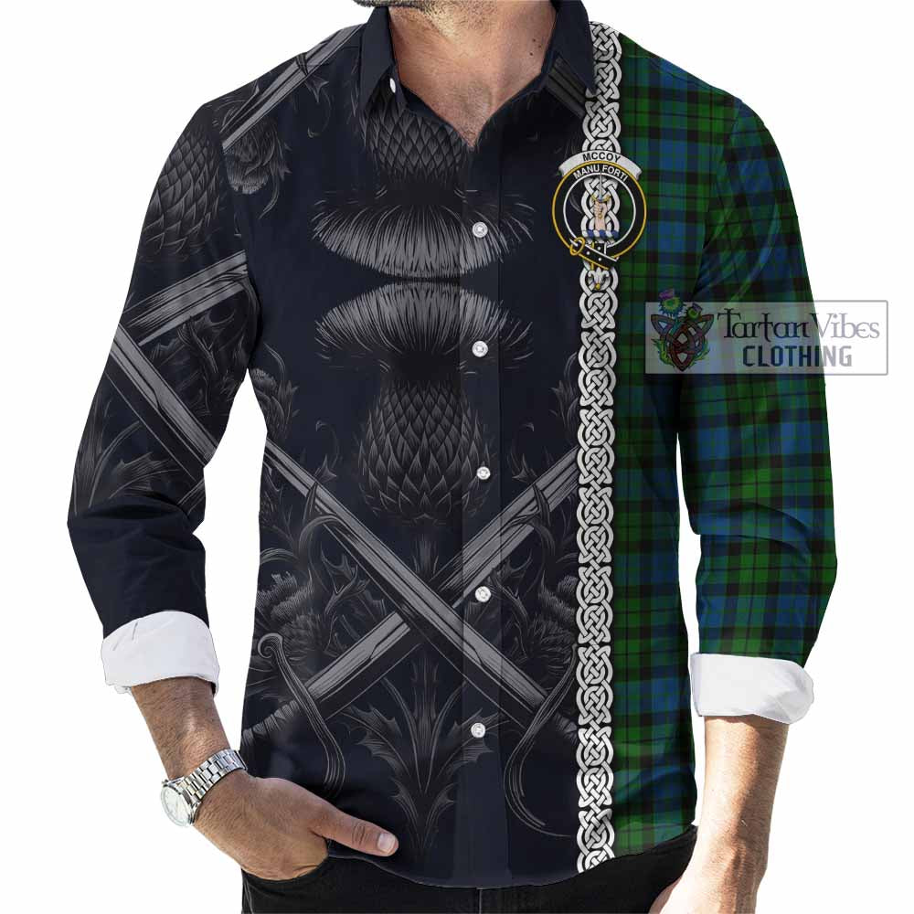 Tartan Vibes Clothing McCoy Tartan Long Sleeve Button Shirt with Family Crest Cross Sword Thistle Celtic Vibes