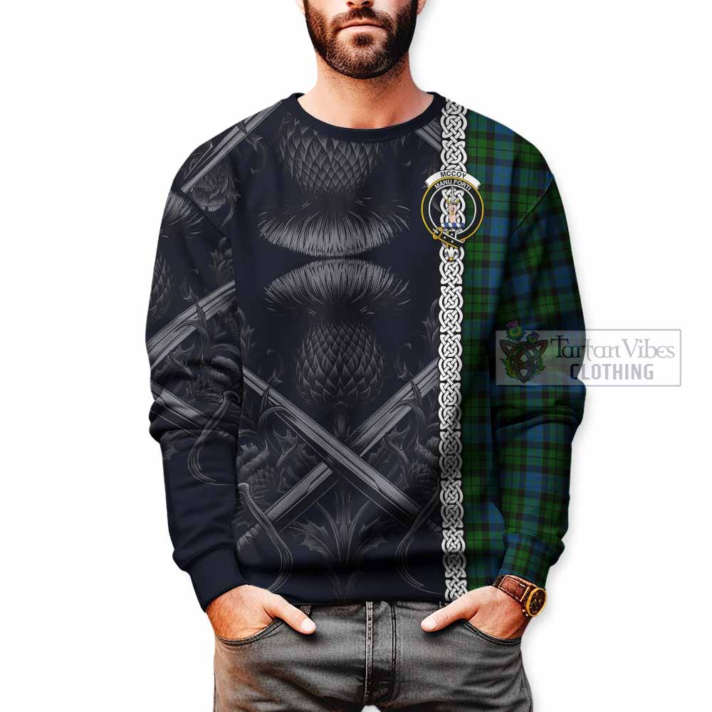 McCoy Tartan Sweatshirt with Family Crest Cross Sword Thistle Celtic Vibes - Tartan Vibes Clothing