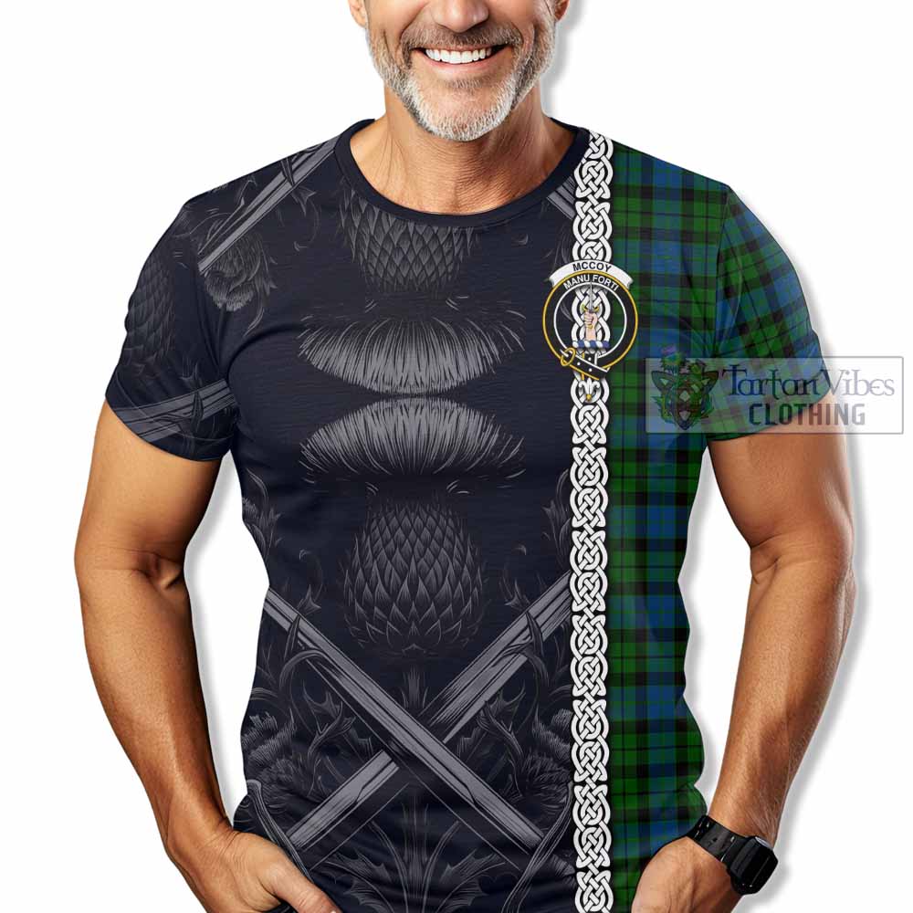 McCoy Tartan T-Shirt with Family Crest Cross Sword Thistle Celtic Vibes - Tartan Vibes Clothing