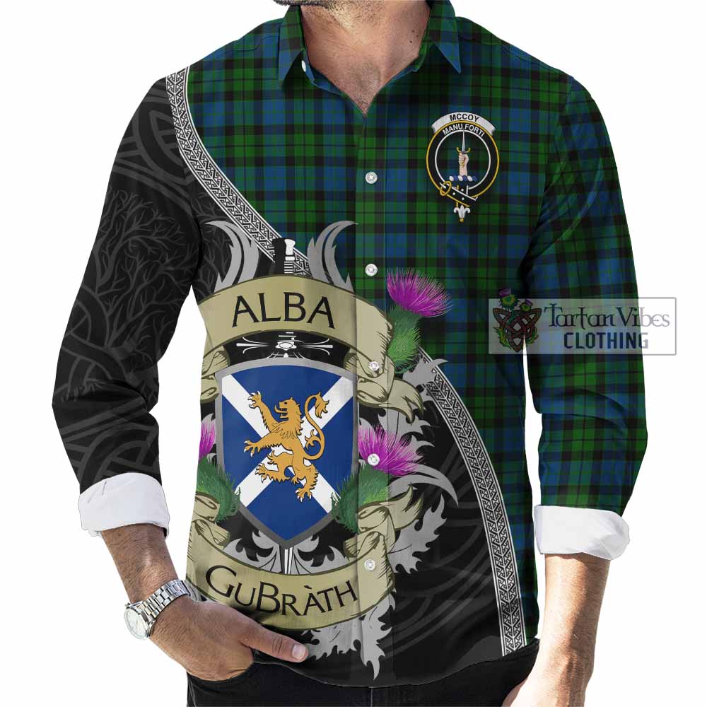 McCoy Tartan Family Crest Long Sleeve Button Shirt Lion Rampant Royal Thistle Shield Celtic Inspired - Tartan Vibes Clothing