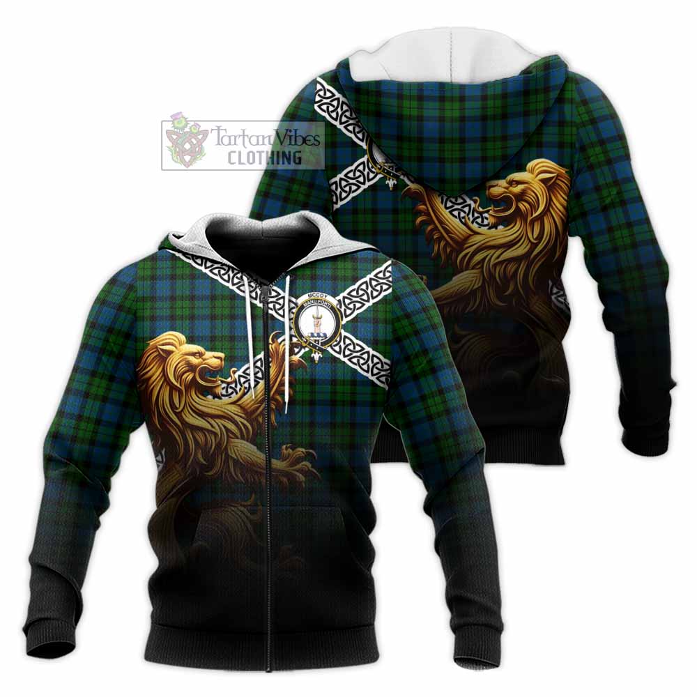 McCoy Crest Tartan Knitted Hoodie with Golden Lion Emblem Celtic Style Unisex Knitted Zip Hoodie - Tartan Vibes Clothing