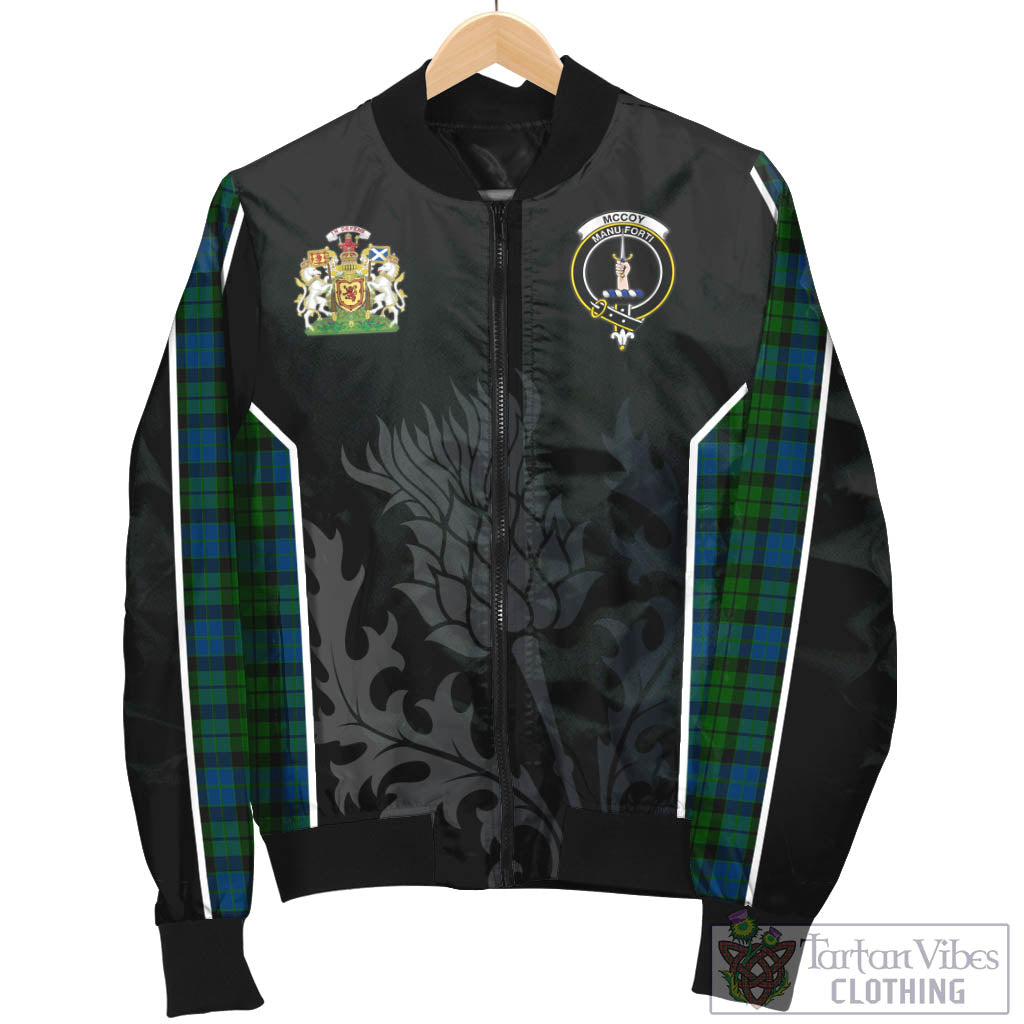 Tartan Vibes Clothing McCoy Tartan Bomber Jacket with Family Crest and Scottish Thistle Vibes Sport Style
