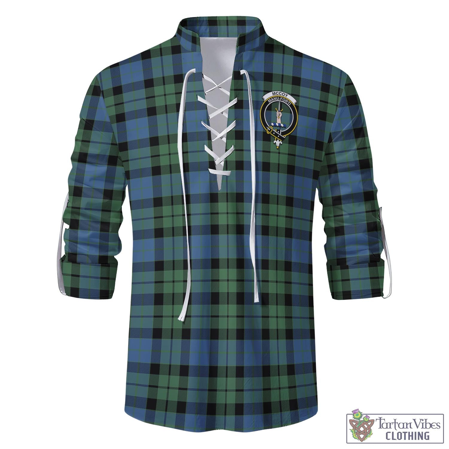 Tartan Vibes Clothing McCoy Ancient Tartan Men's Scottish Traditional Jacobite Ghillie Kilt Shirt with Family Crest