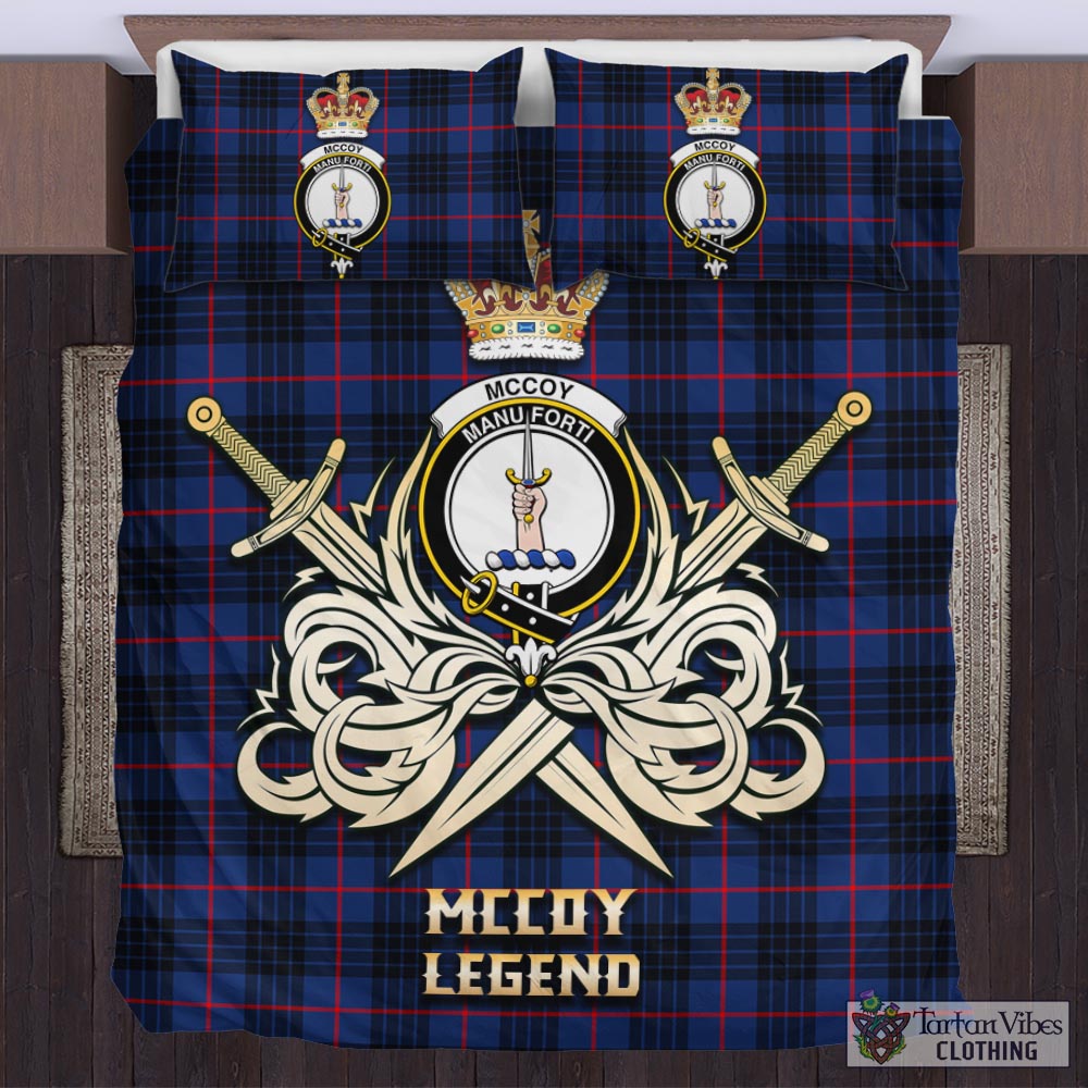 Tartan Vibes Clothing McCoy Blue Tartan Bedding Set with Clan Crest and the Golden Sword of Courageous Legacy