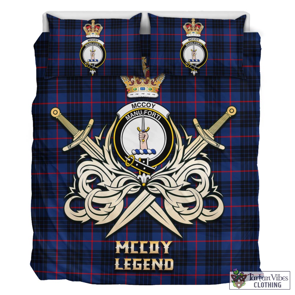 Tartan Vibes Clothing McCoy Blue Tartan Bedding Set with Clan Crest and the Golden Sword of Courageous Legacy