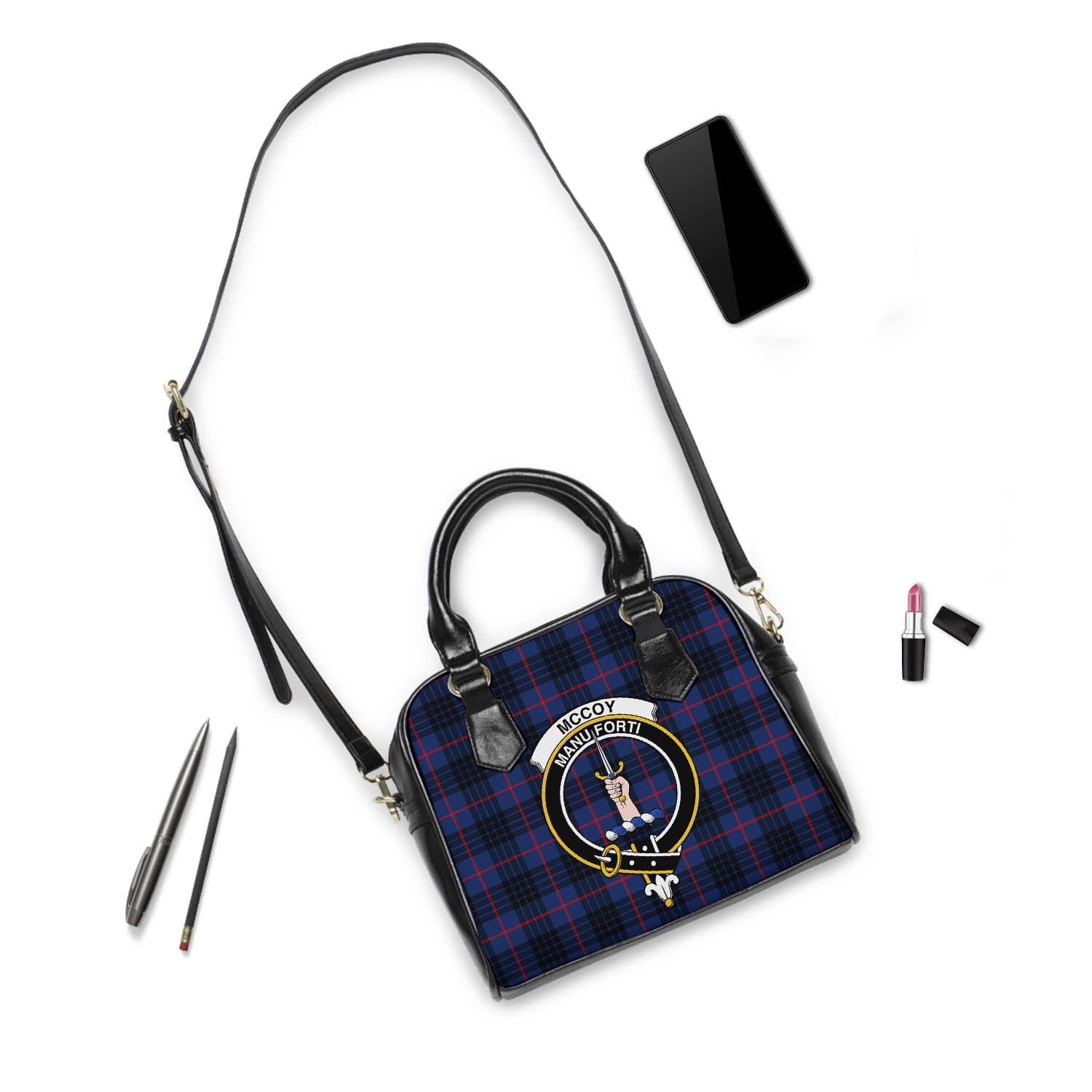 McCoy Blue Tartan Shoulder Handbags with Family Crest - Tartanvibesclothing