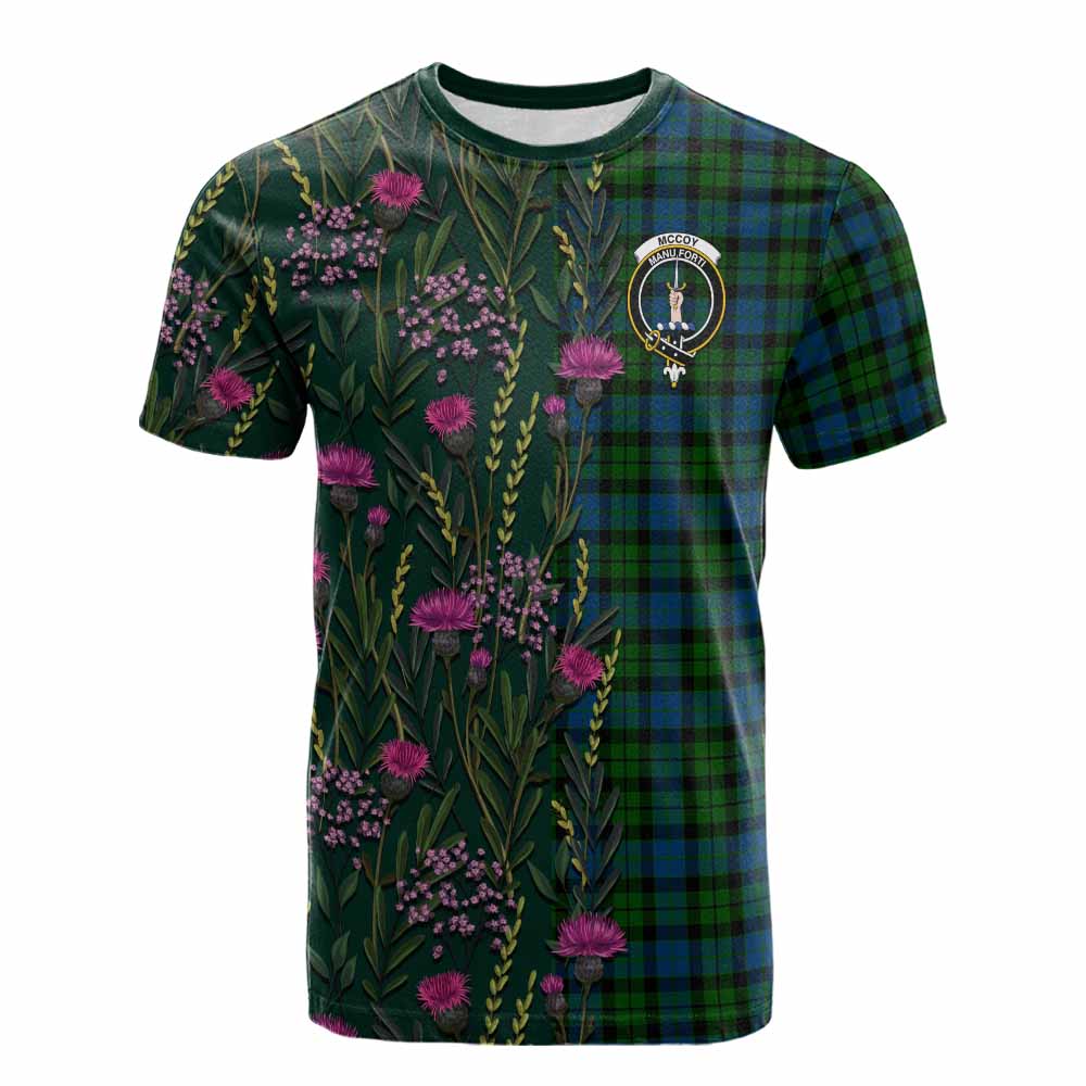 McCoy Family Crest Tartan Cotton T-shirt Scottish Thistle Flower Pattern Half Style - Tartan Vibes Clothing