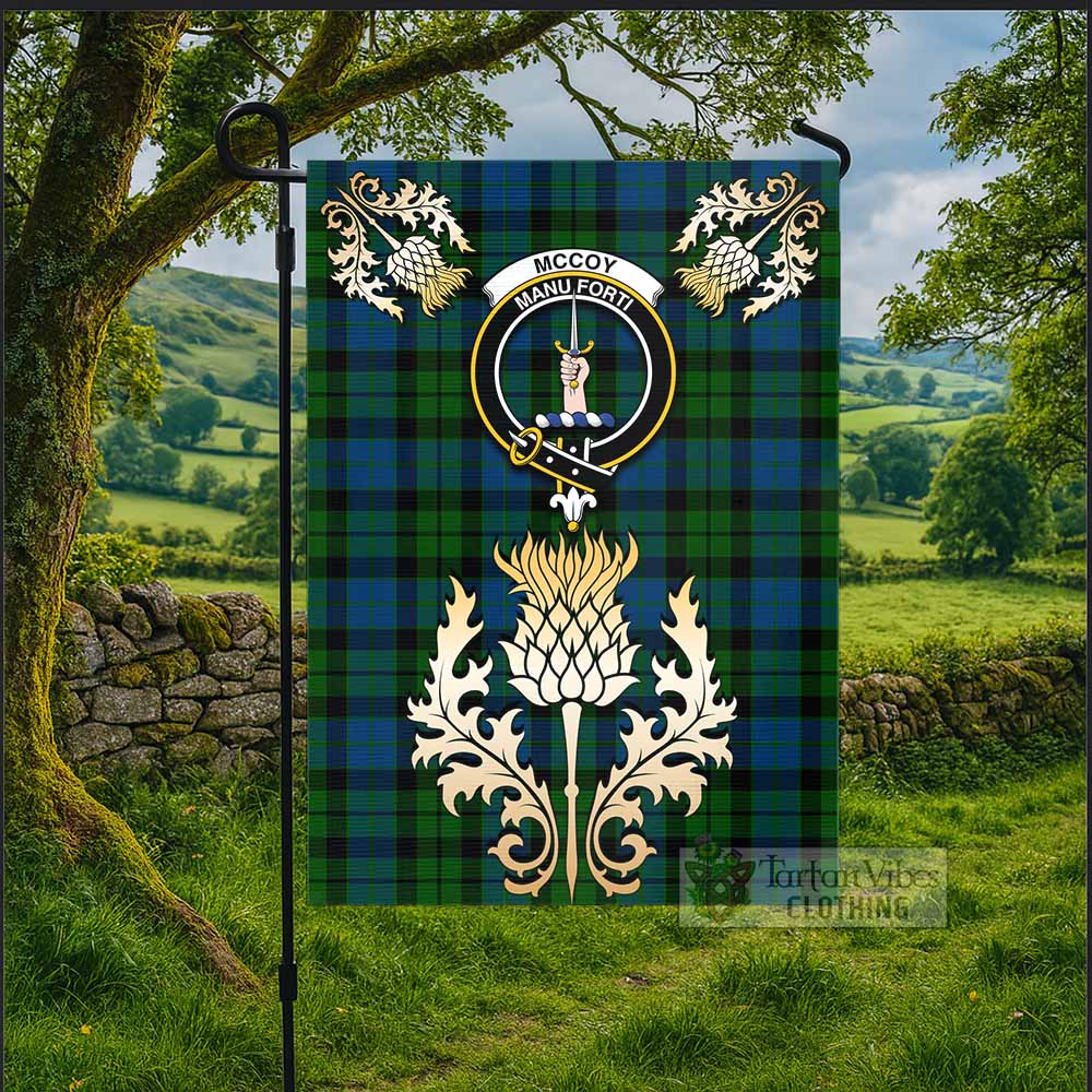 McCoy Tartan Garden Flag with Golden Regal Scottish Thistle Emblem - Tartan Vibes Clothing