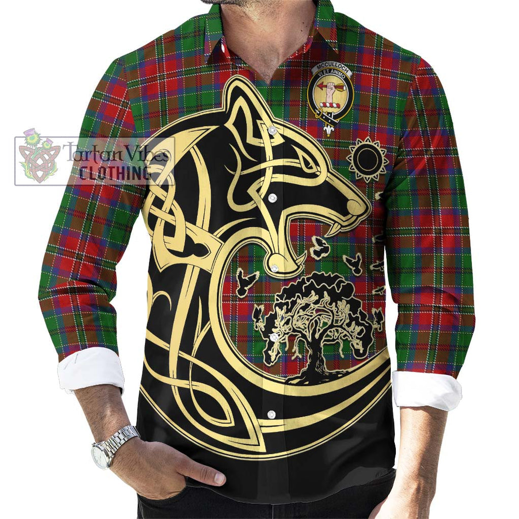 McCulloch Tartan Long Sleeve Button Shirt with Family Crest Celtic Wolf Style - Tartan Vibes Clothing