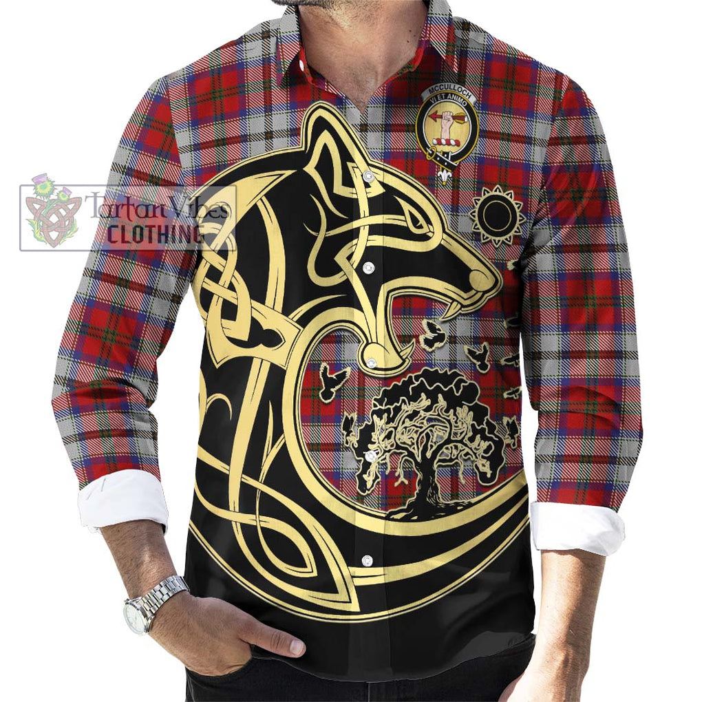 McCulloch Dress Tartan Long Sleeve Button Shirt with Family Crest Celtic Wolf Style - Tartan Vibes Clothing