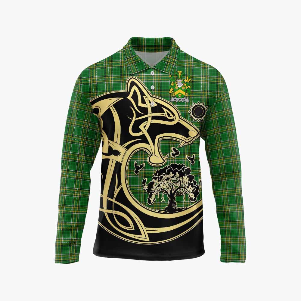 Tartan Vibes Clothing McCurdy Irish Tartan Long Sleeve Polo Shirt with Coat of Arms Celtic Wolf Style