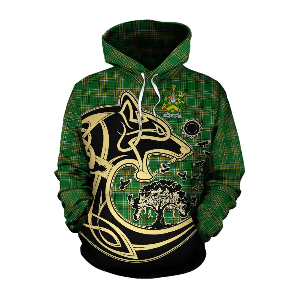 Tartan Vibes Clothing McCurdy Irish Tartan Cotton Hoodie with Coat of Arms Celtic Wolf Style