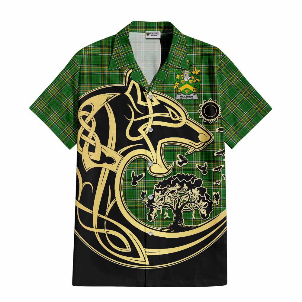 Tartan Vibes Clothing McCurdy Irish Tartan Short Sleeve Button Shirt with Coat of Arms Celtic Wolf Style