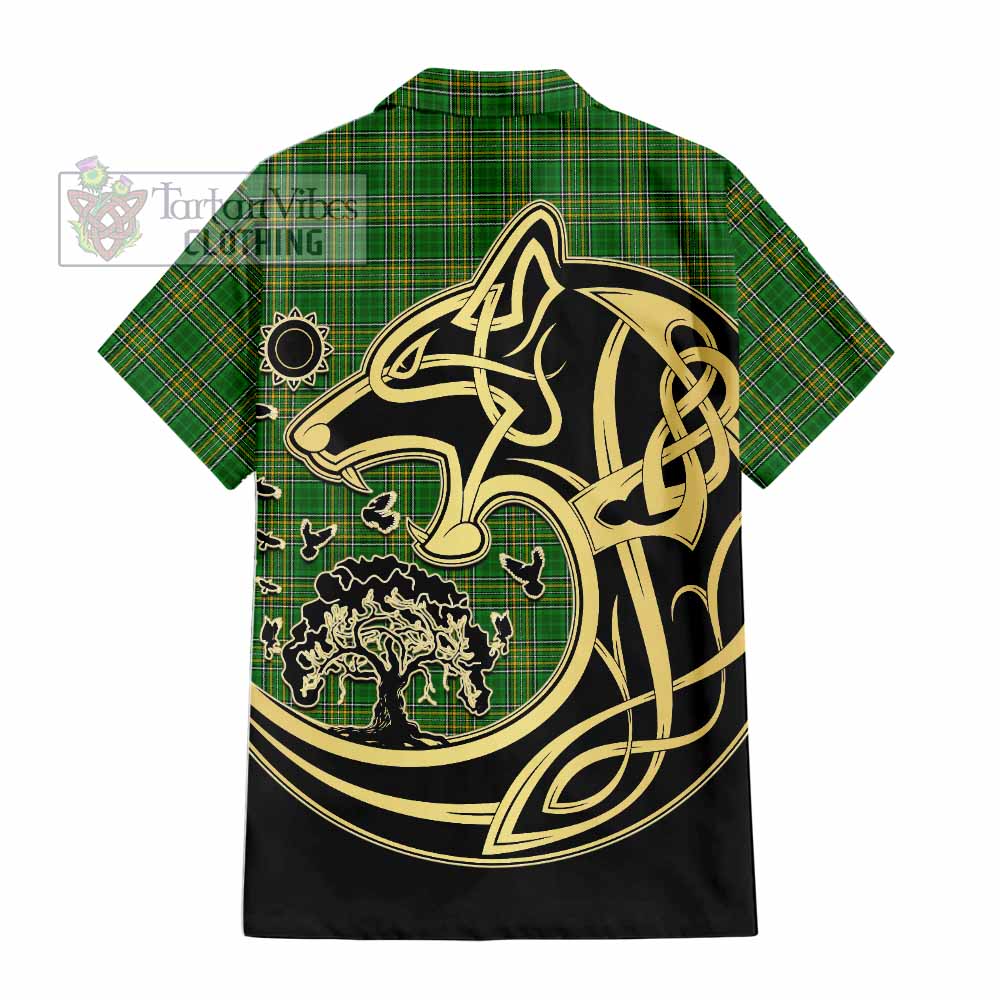 Tartan Vibes Clothing McCurdy Irish Tartan Short Sleeve Button Shirt with Coat of Arms Celtic Wolf Style