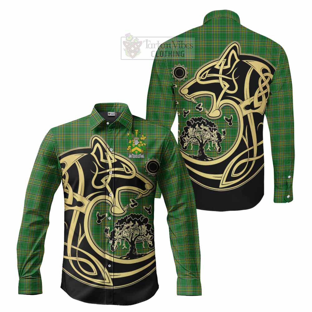 Tartan Vibes Clothing McCurdy Irish Tartan Long Sleeve Button Shirt with Coat of Arms Celtic Wolf Style