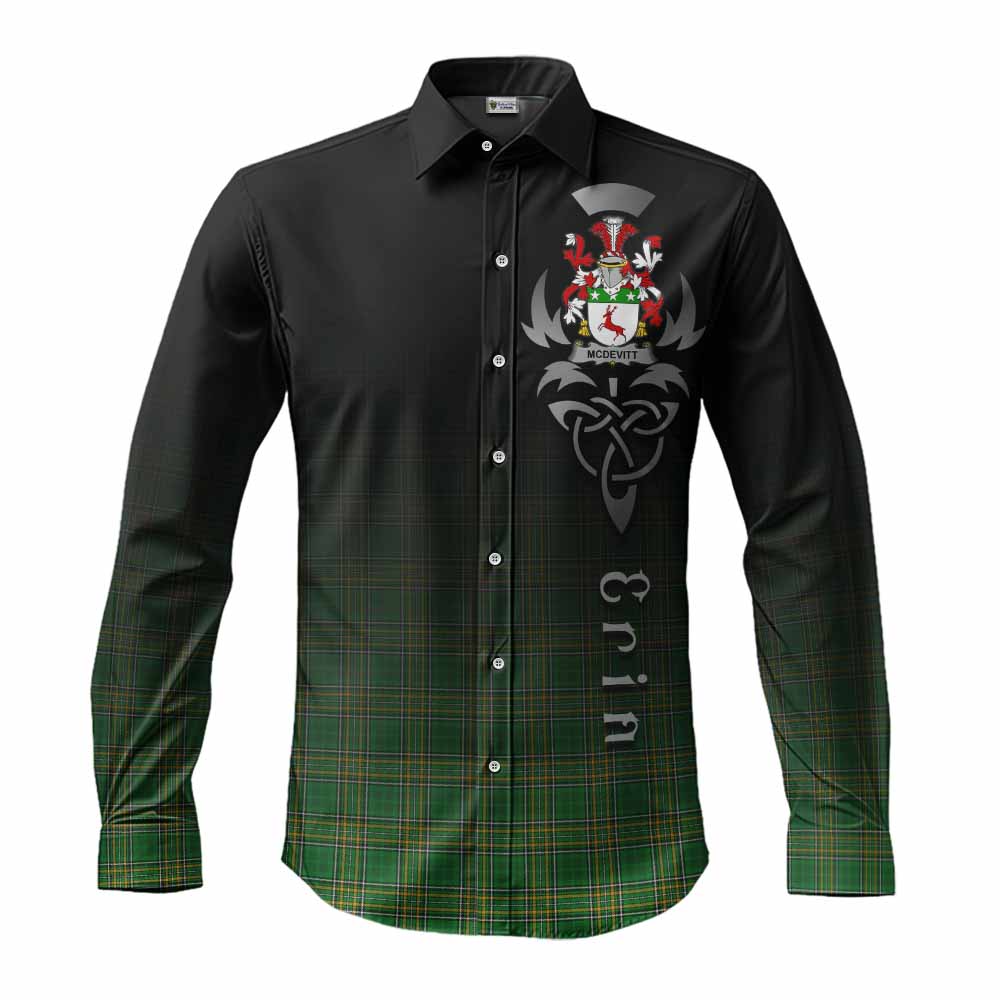 Tartan Vibes Clothing McDevitt Irish Clan Long Sleeve Button Shirt with Coat of Arms Erin Go Bragh Celtic Inspired
