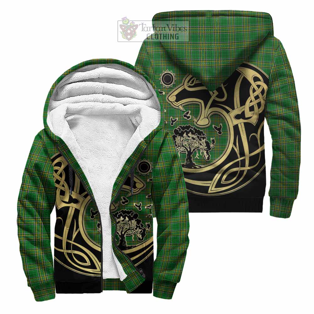 McDevitt Irish Tartan Sherpa Hoodie with Coat of Arms Celtic Wolf Style Unisex - Tartan Vibes Clothing