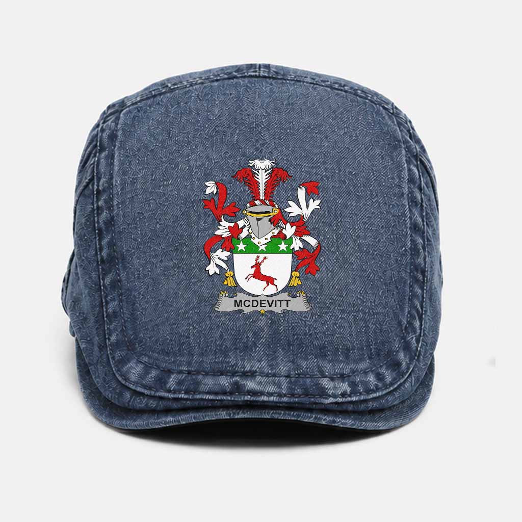 McDevitt Irish Coat of Arms Washed Flat Cap - Unisex Jeff Cap One Size (Adjustable) Dark Blue - Tartan Vibes Clothing