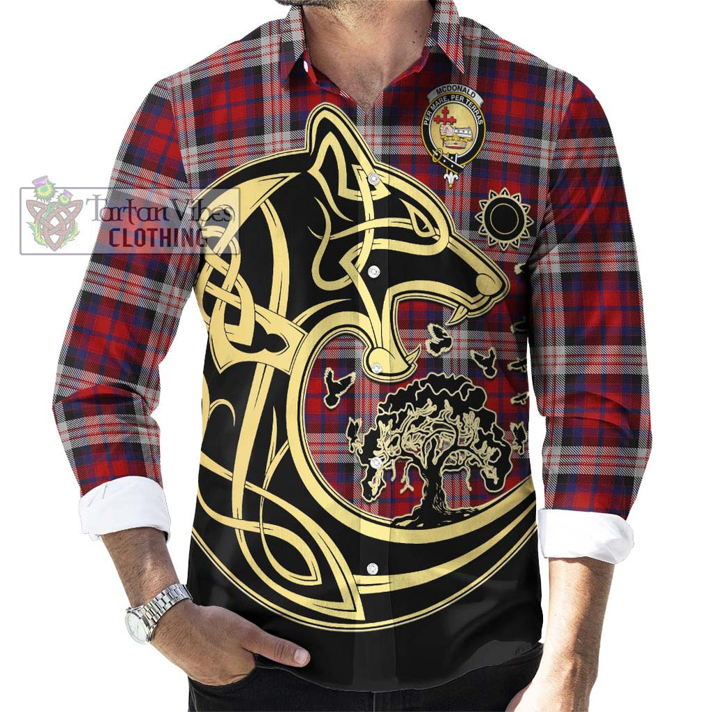 McDonald Dress Irish Tartan Long Sleeve Button Shirt with Family Crest Celtic Wolf Style - Tartan Vibes Clothing