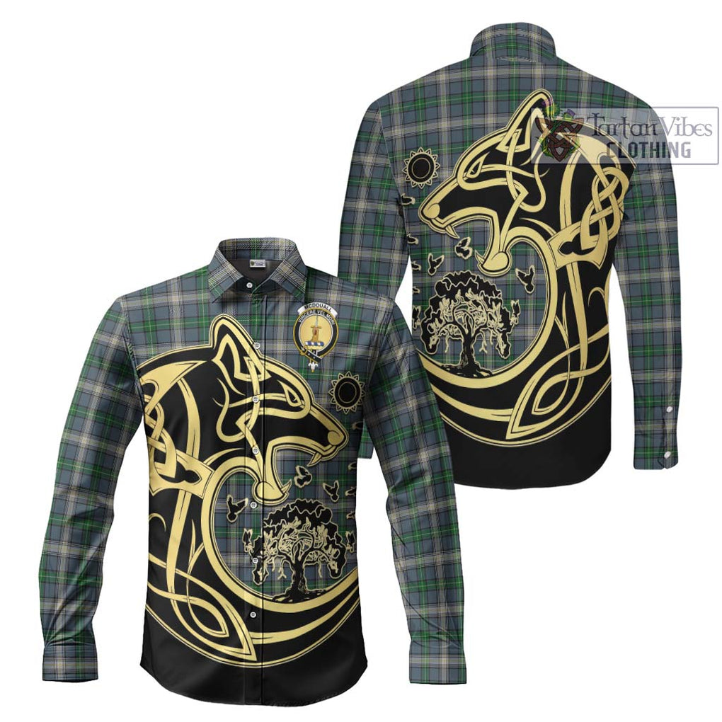 McDouall Tartan Long Sleeve Button Shirt with Family Crest Celtic Wolf Style Men's Shirt S - Tartan Vibes Clothing