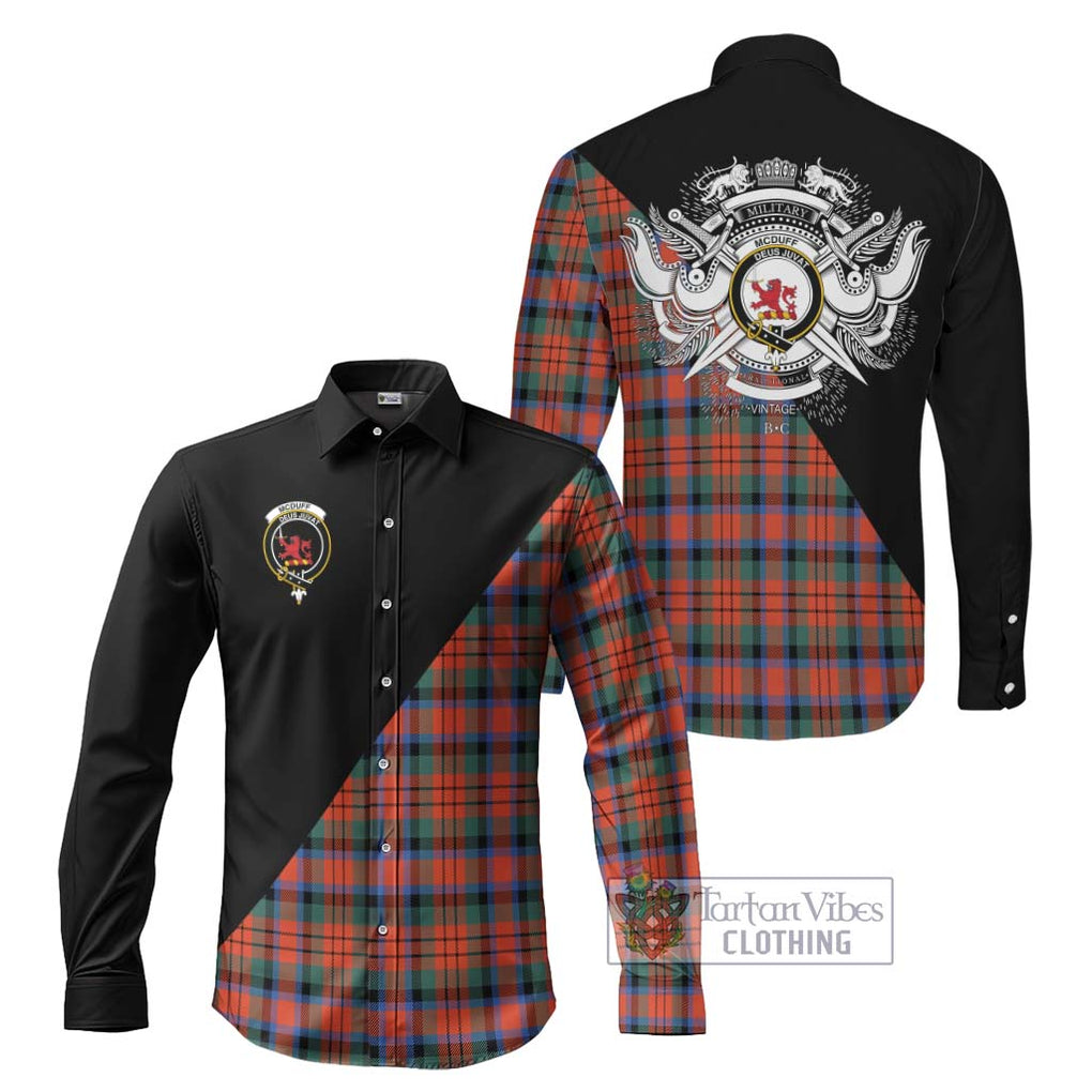 McDuff Ancient Tartan Long Sleeve Button Shirt with Family Crest and Military Logo Style Men's Shirt S - Tartanvibesclothing Shop