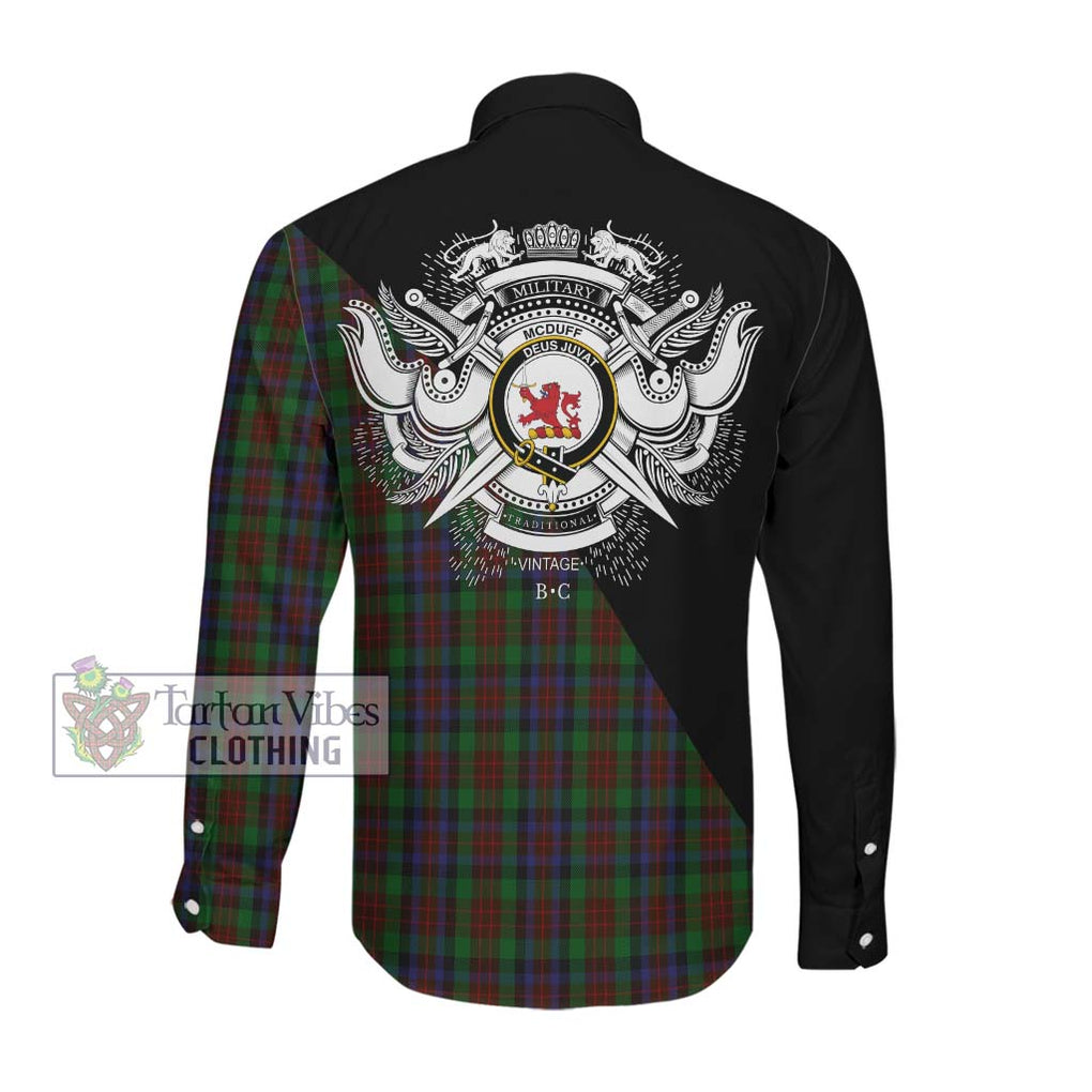 McDuff Hunting Tartan Long Sleeve Button Shirt with Family Crest and Military Logo Style Men's Shirt - Tartanvibesclothing Shop