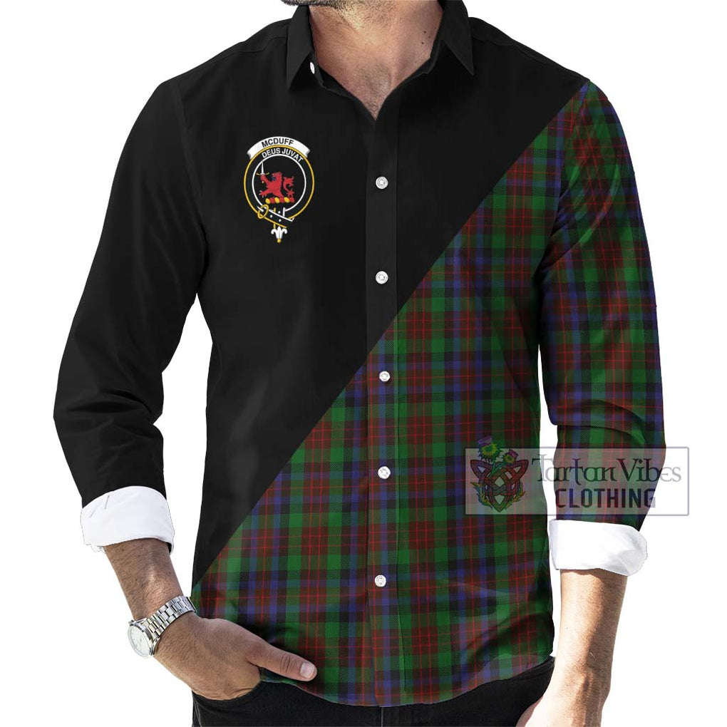 McDuff Hunting Tartan Long Sleeve Button Shirt with Family Crest and Military Logo Style - Tartanvibesclothing Shop
