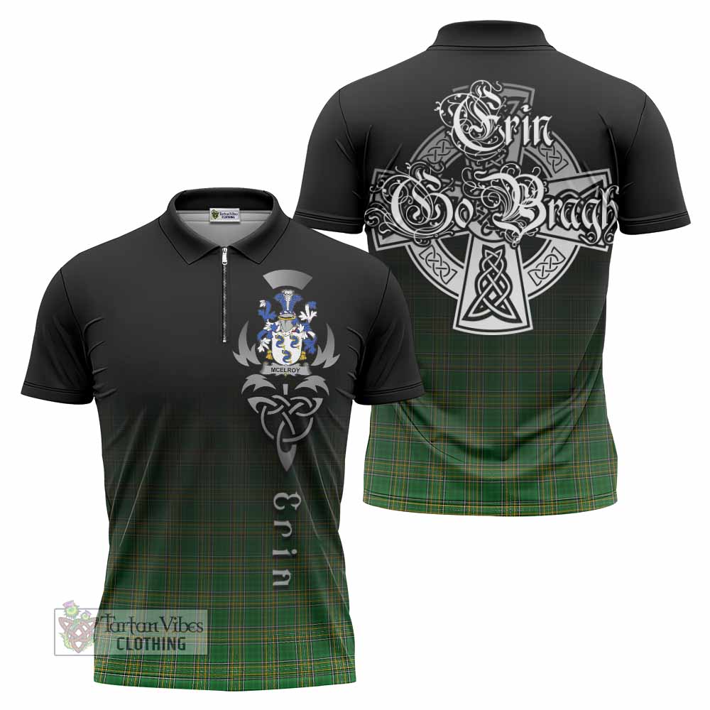 Tartan Vibes Clothing McElroy Irish Clan Zipper Polo Shirt with Coat of Arms Erin Go Bragh Celtic Inspired