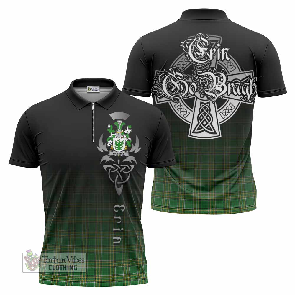 Tartan Vibes Clothing McEniry Irish Clan Zipper Polo Shirt with Coat of Arms Erin Go Bragh Celtic Inspired