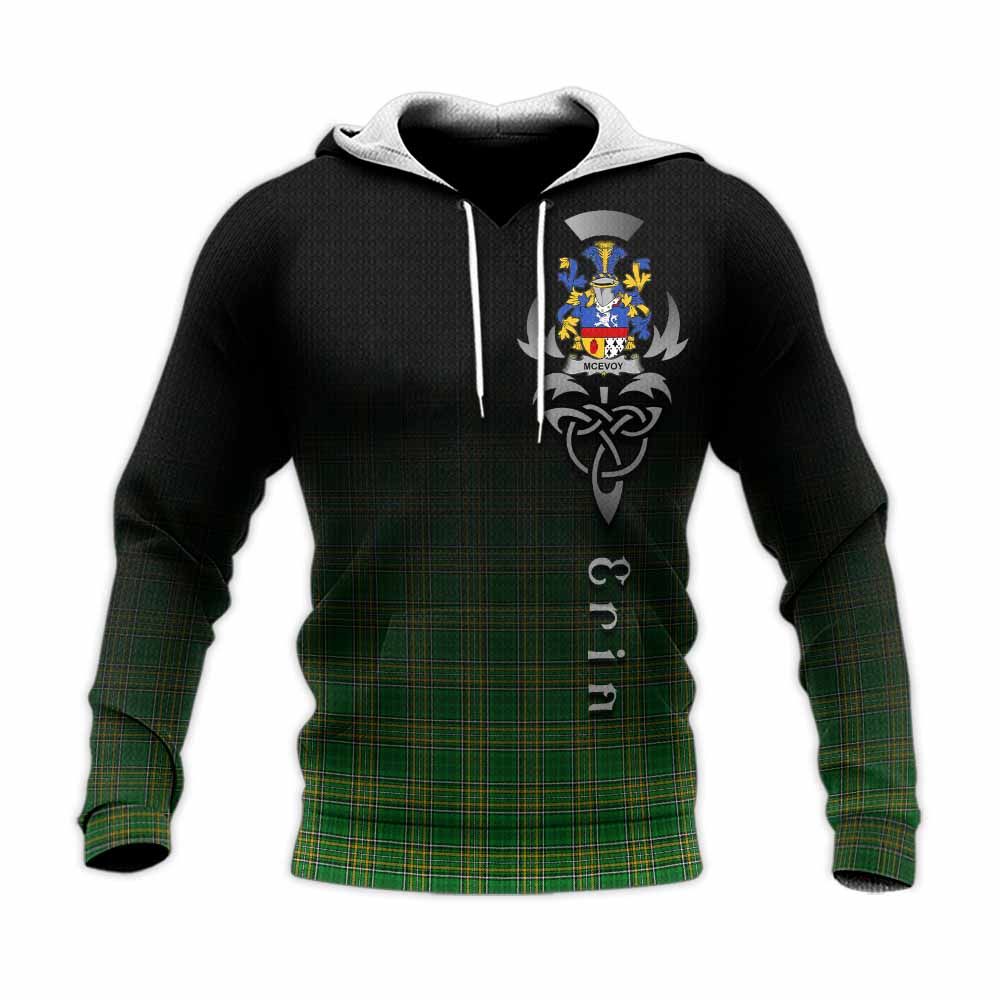 Tartan Vibes Clothing McEvoy Irish Clan Knitted Hoodie with Coat of Arms Erin Go Bragh Celtic Inspired