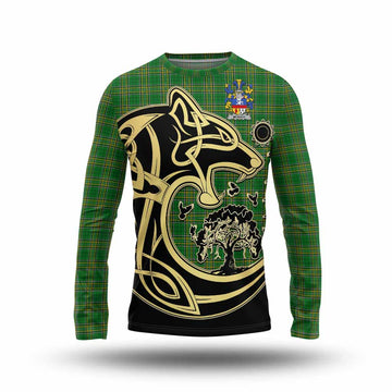 Tartan Vibes Clothing McEvoy Irish Tartan Long Sleeve T-Shirt with Coat of Arms Celtic Wolf Style