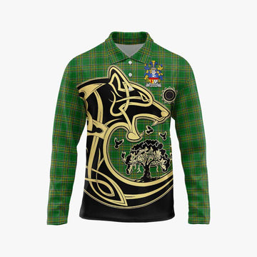 Tartan Vibes Clothing McEvoy Irish Tartan Long Sleeve Polo Shirt with Coat of Arms Celtic Wolf Style