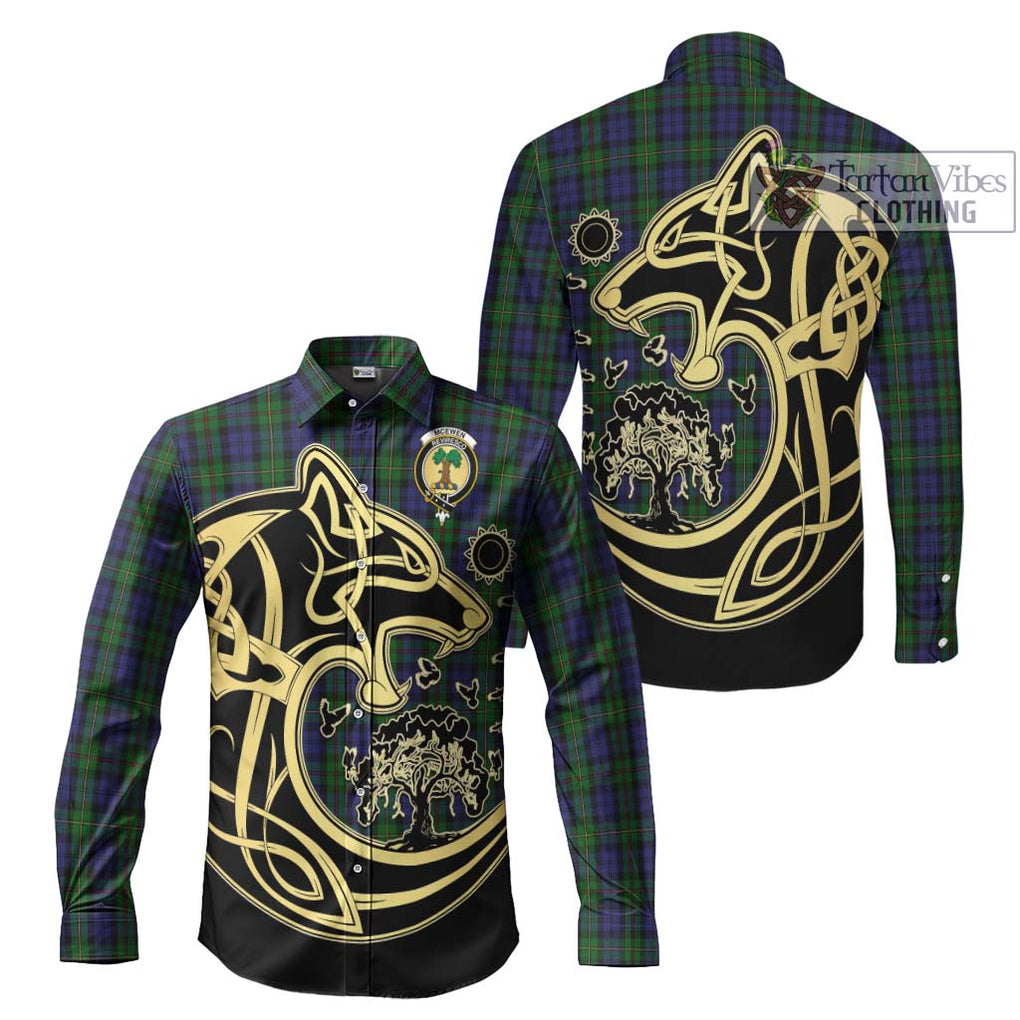 McEwen Tartan Long Sleeve Button Shirt with Family Crest Celtic Wolf Style Men's Shirt S - Tartan Vibes Clothing