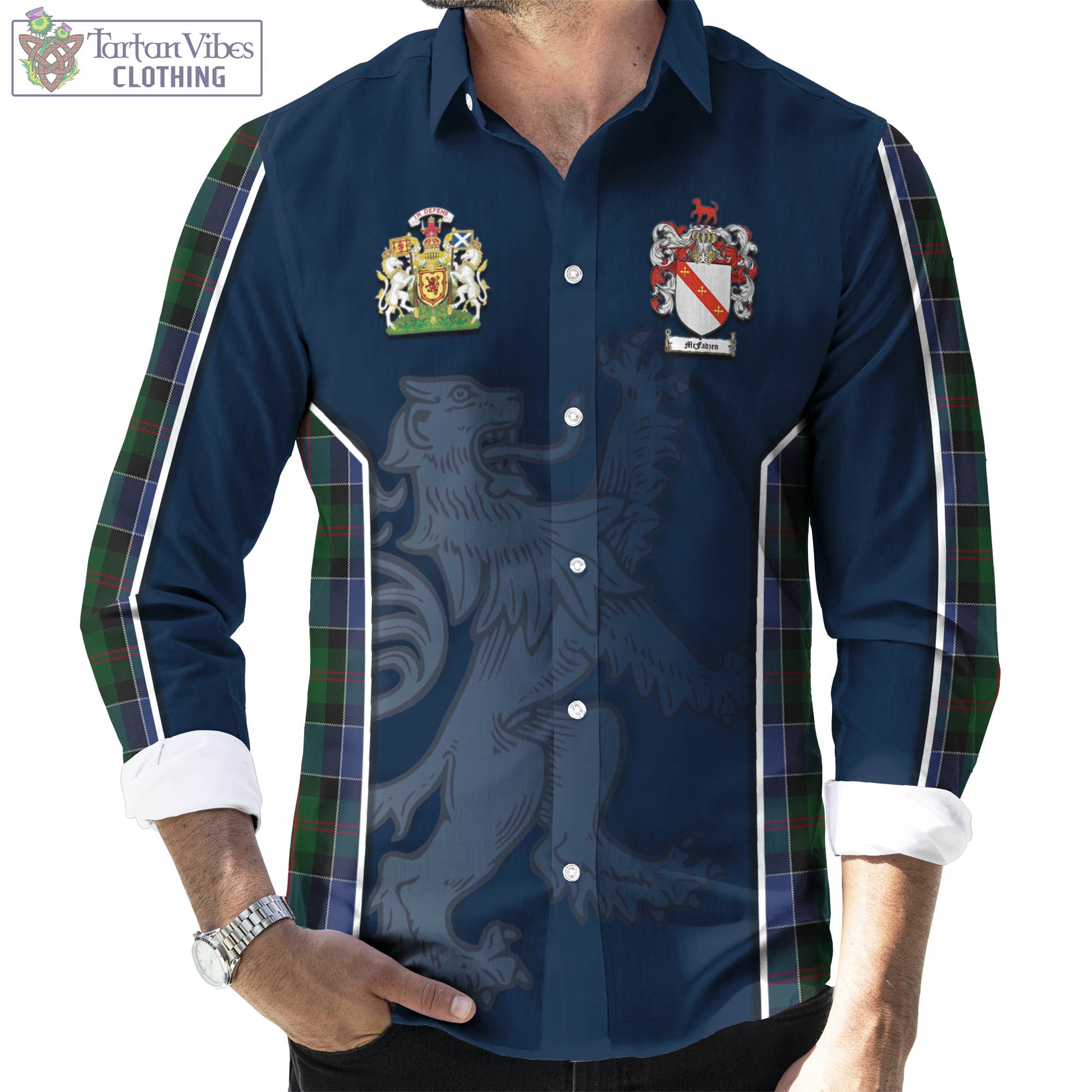 Tartan Vibes Clothing McFadzen 01 Tartan Long Sleeve Button Up Shirt with Family Crest and Lion Rampant Vibes Sport Style