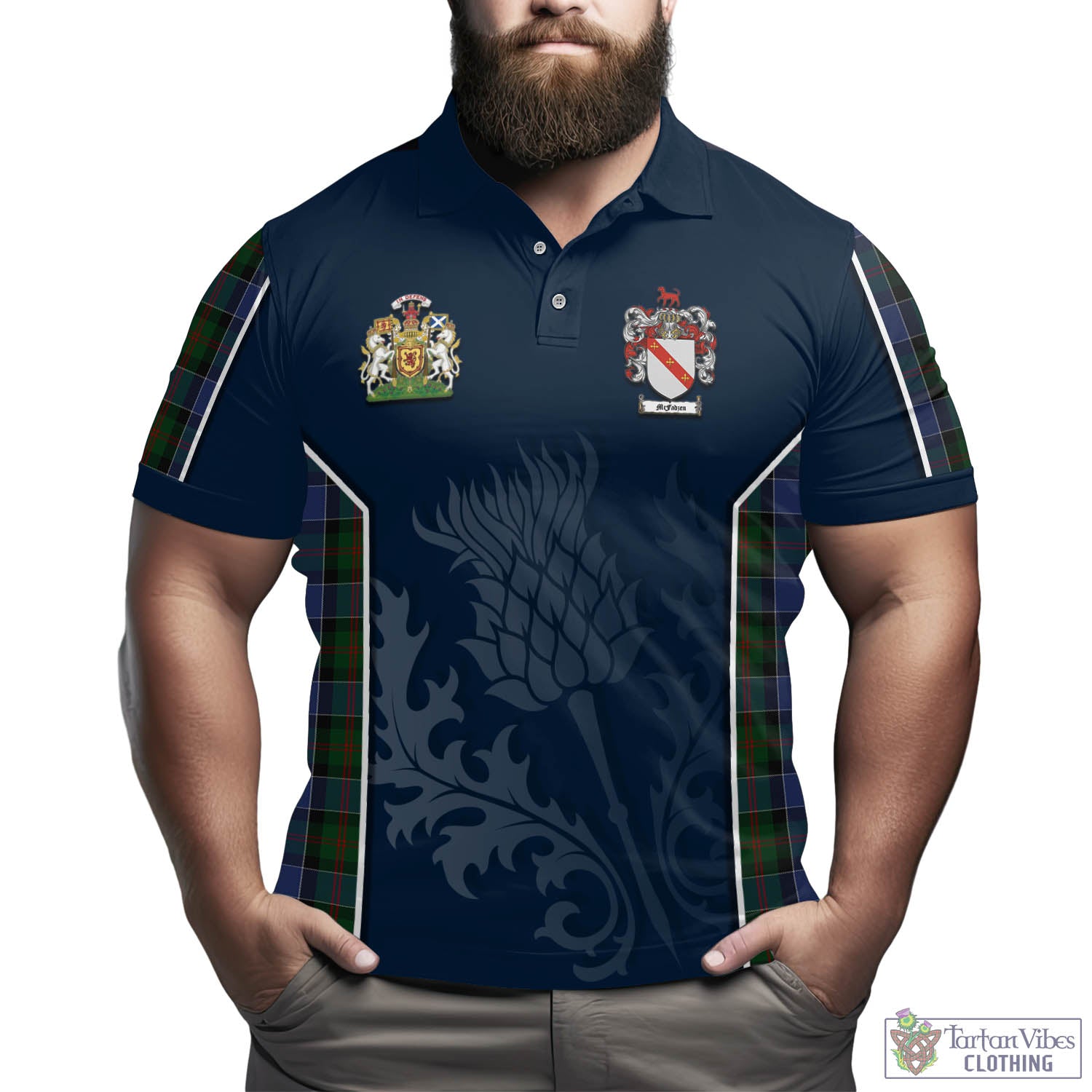 Tartan Vibes Clothing McFadzen 01 Tartan Men's Polo Shirt with Family Crest and Scottish Thistle Vibes Sport Style