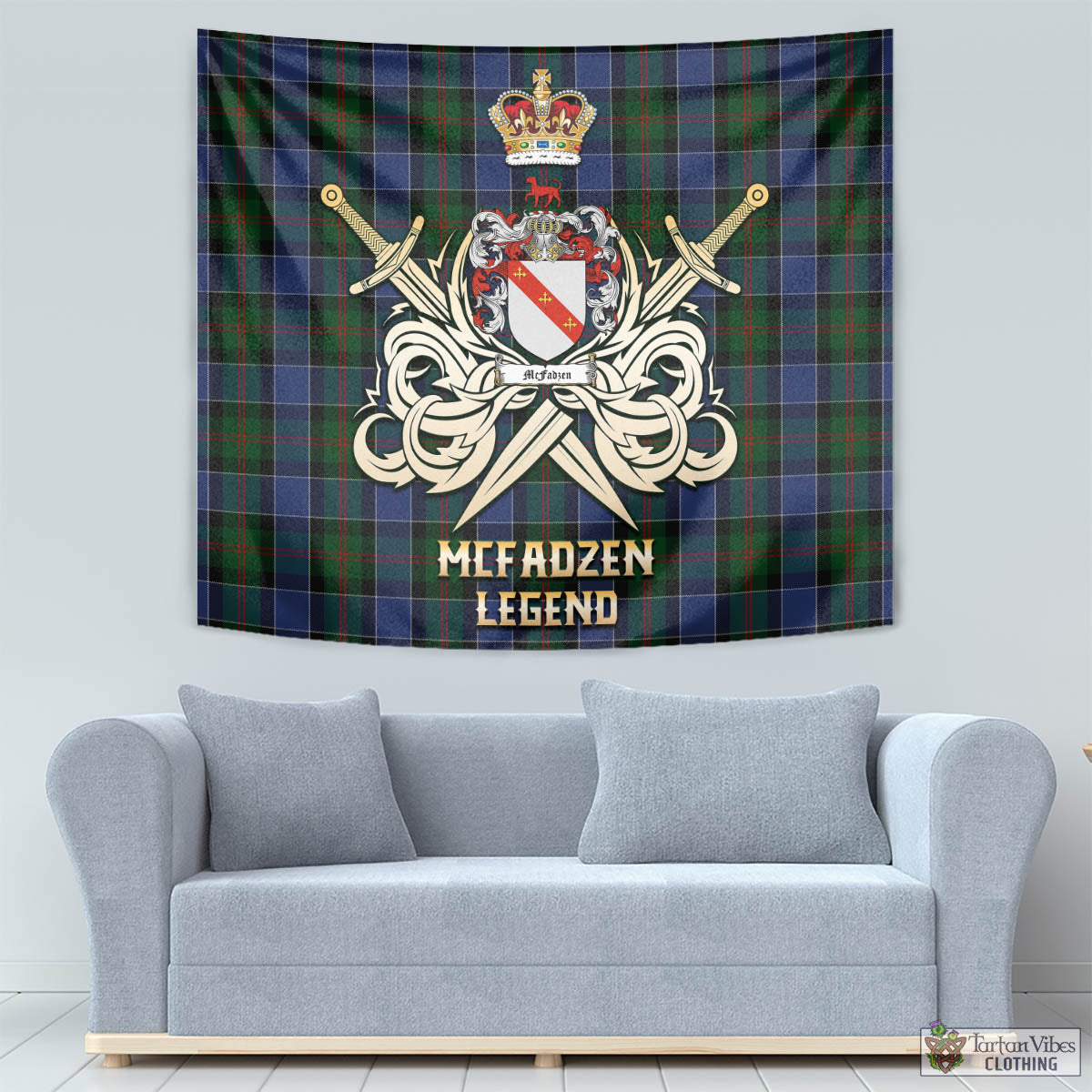 Tartan Vibes Clothing McFadzen 01 Tartan Tapestry with Clan Crest and the Golden Sword of Courageous Legacy