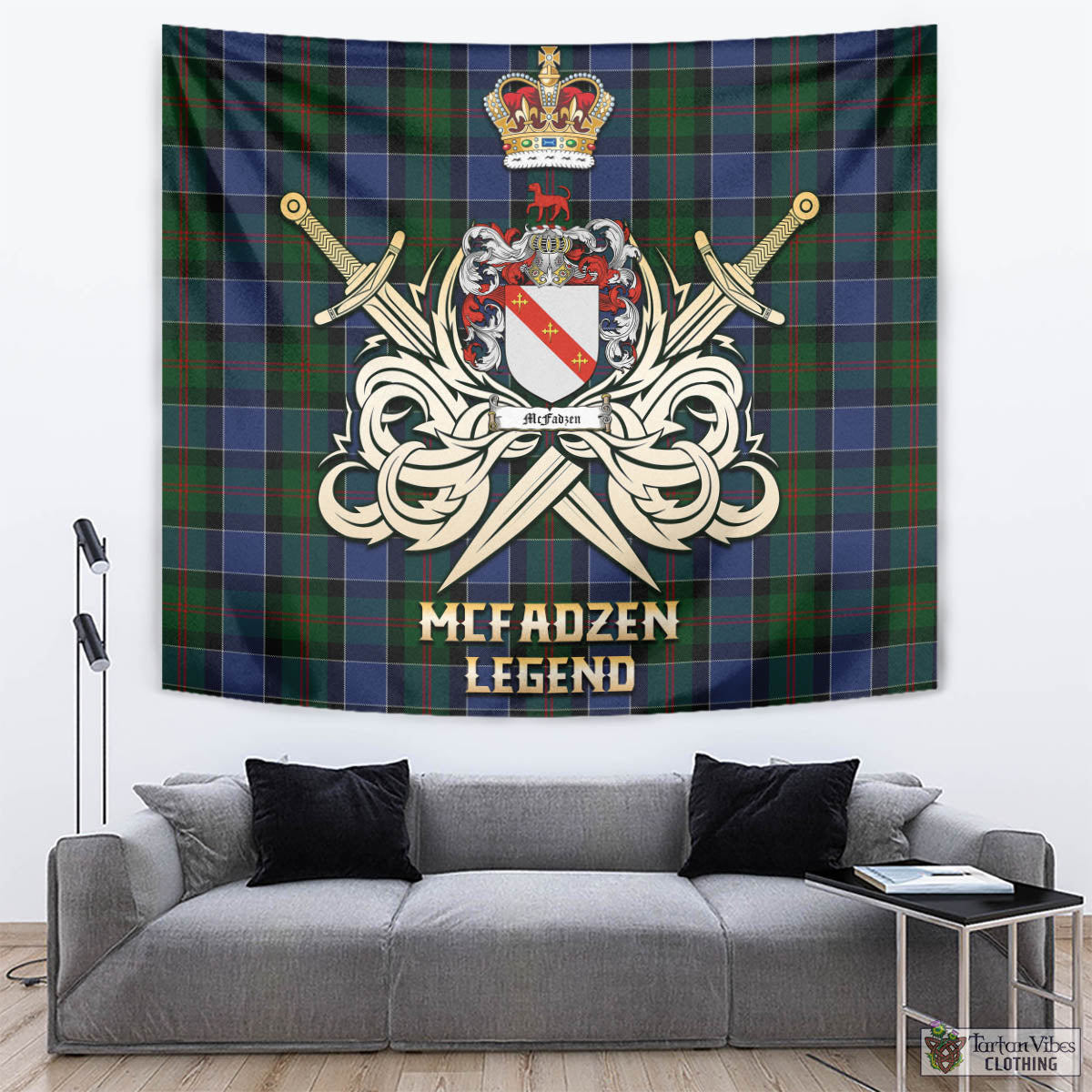 Tartan Vibes Clothing McFadzen 01 Tartan Tapestry with Clan Crest and the Golden Sword of Courageous Legacy