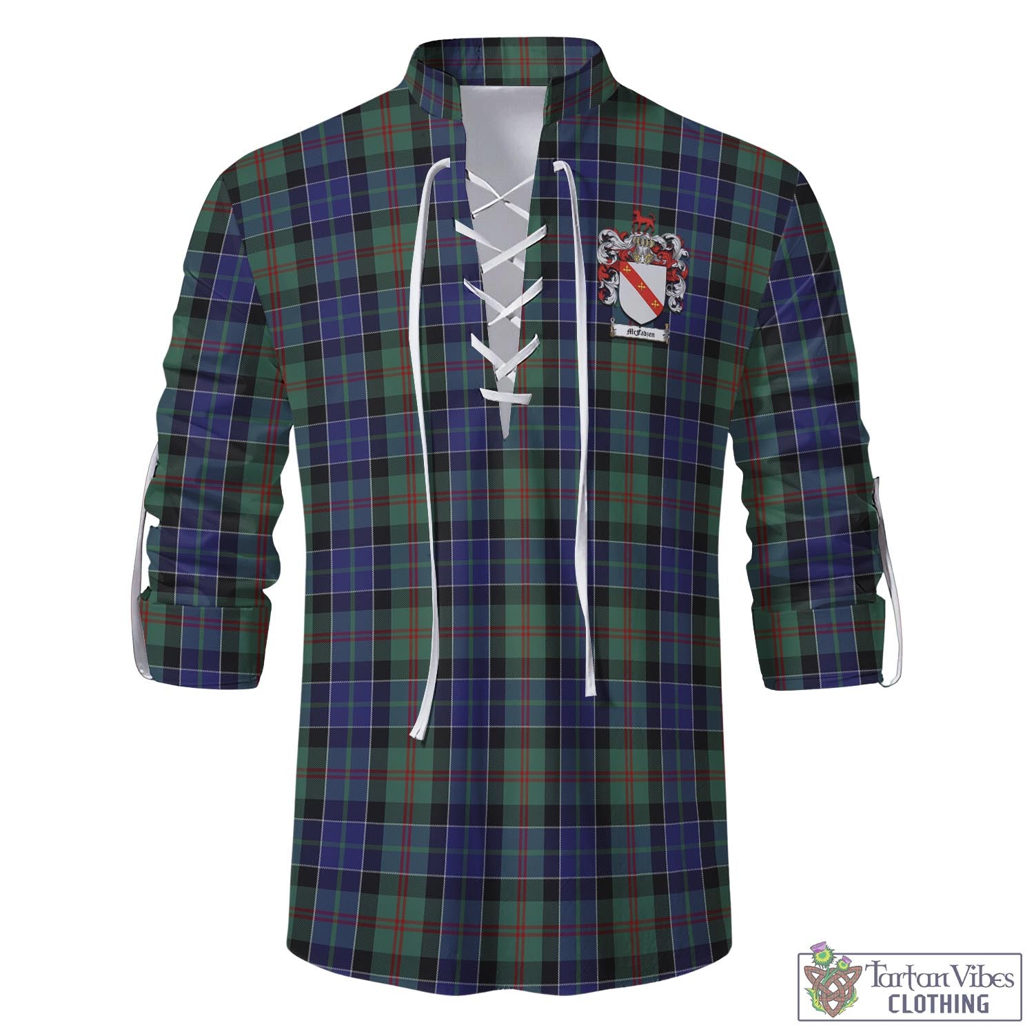 Tartan Vibes Clothing McFadzen 02 Tartan Men's Scottish Traditional Jacobite Ghillie Kilt Shirt with Family Crest