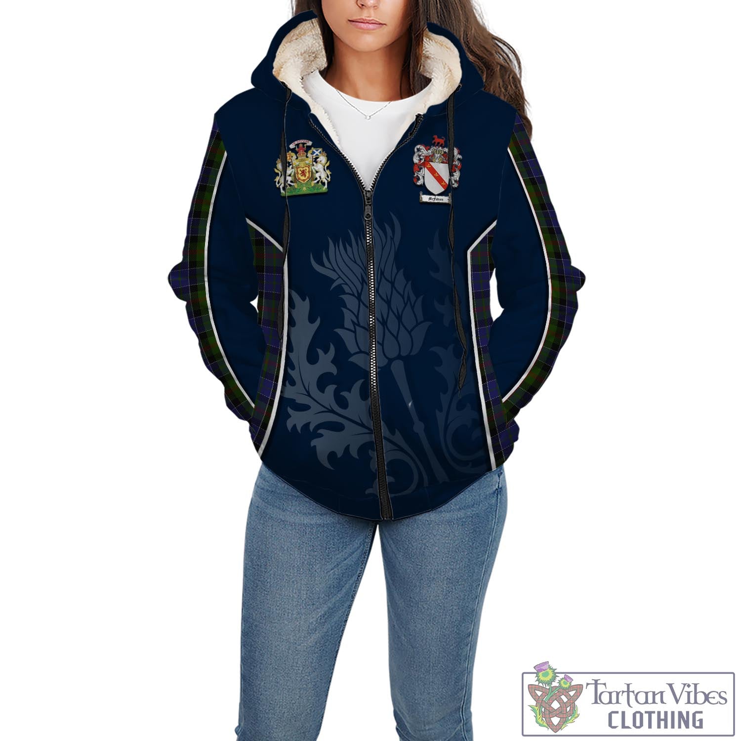 Tartan Vibes Clothing McFadzen 03 Tartan Sherpa Hoodie with Family Crest and Scottish Thistle Vibes Sport Style