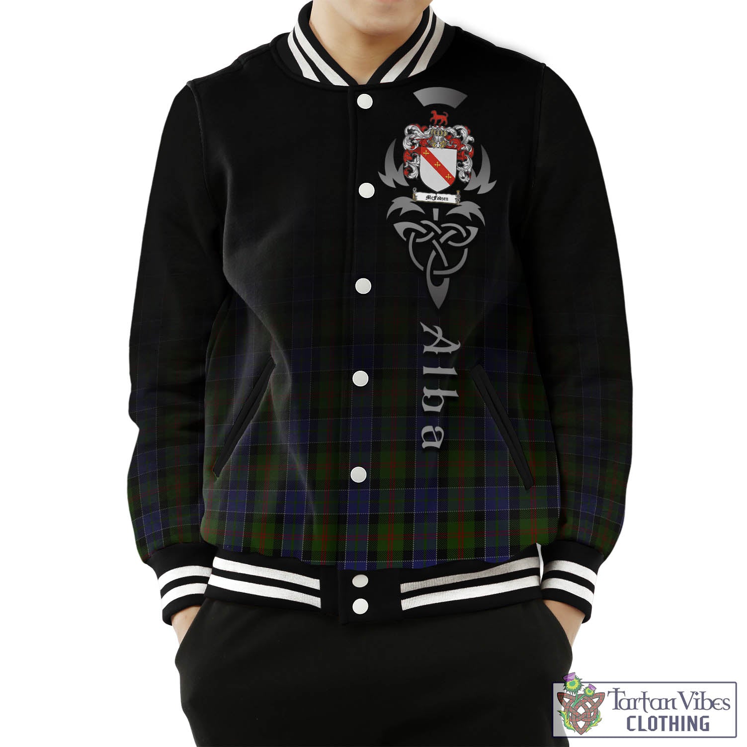 Tartan Vibes Clothing McFadzen 03 Tartan Baseball Jacket Featuring Alba Gu Brath Family Crest Celtic Inspired