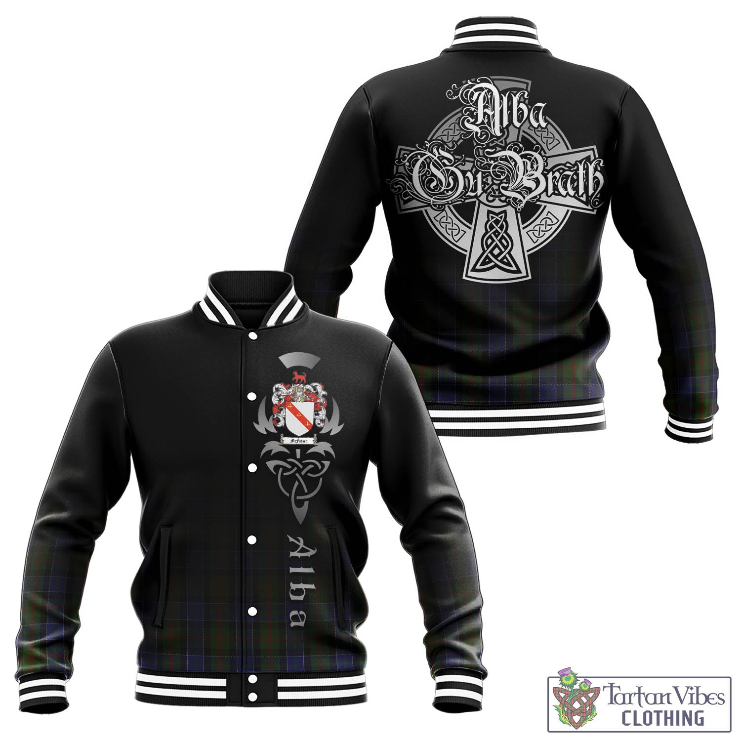 Tartan Vibes Clothing McFadzen 03 Tartan Baseball Jacket Featuring Alba Gu Brath Family Crest Celtic Inspired