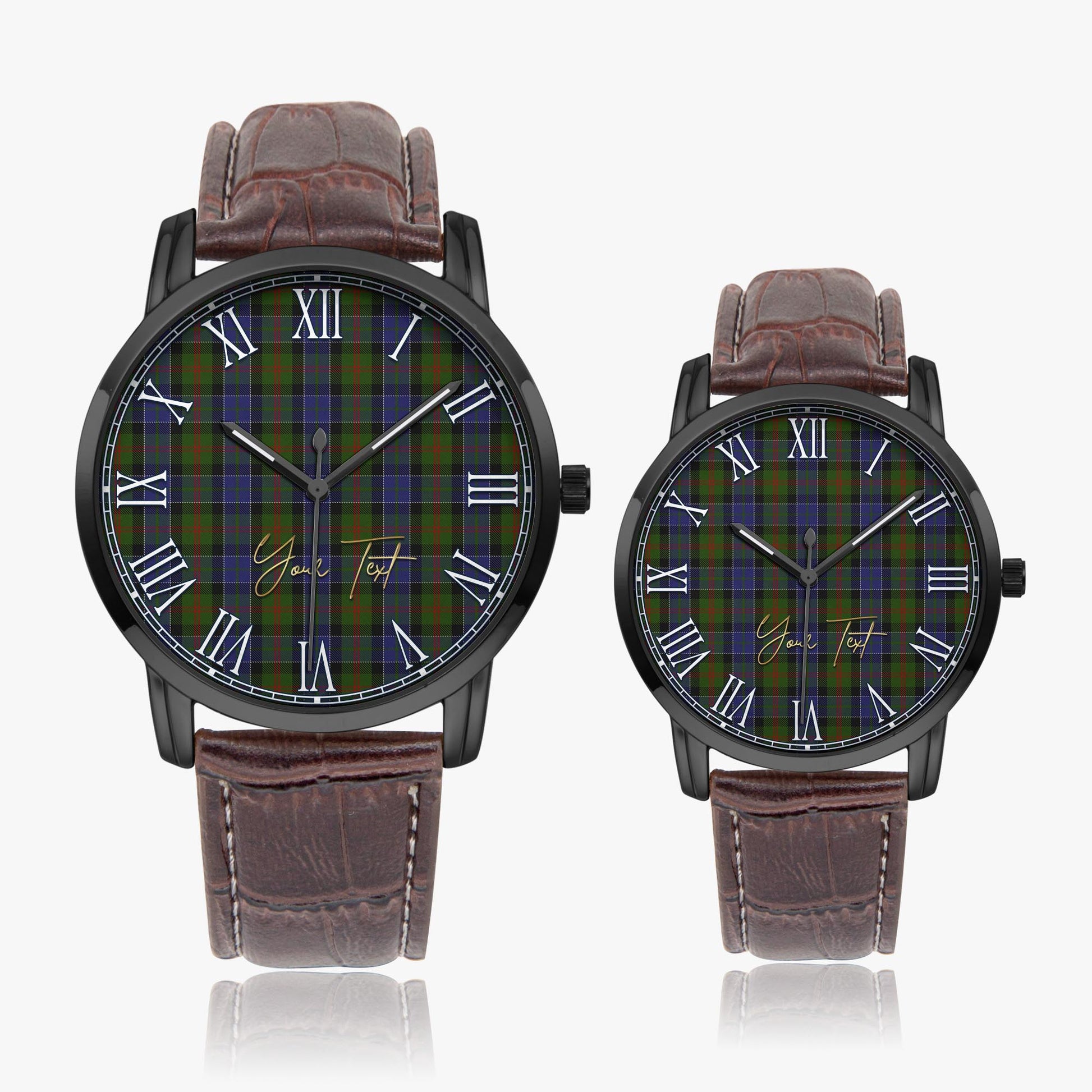 McFadzen #03 Tartan Personalized Your Text Leather Trap Quartz Watch Wide Type Black Case With Brown Leather Strap - Tartanvibesclothing Shop