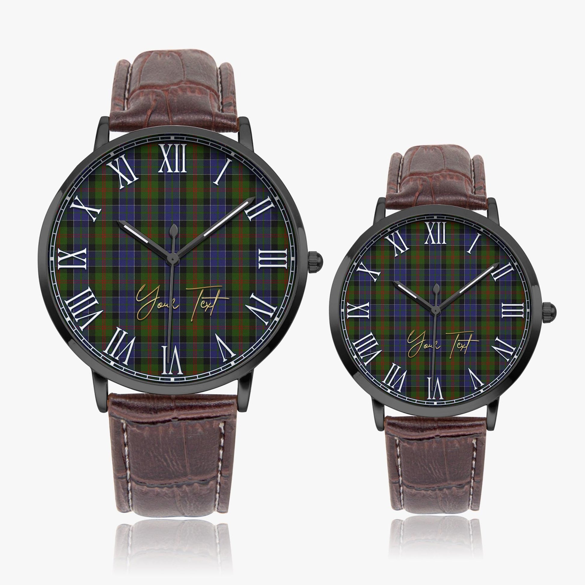 McFadzen #03 Tartan Personalized Your Text Leather Trap Quartz Watch Ultra Thin Black Case With Brown Leather Strap - Tartanvibesclothing Shop